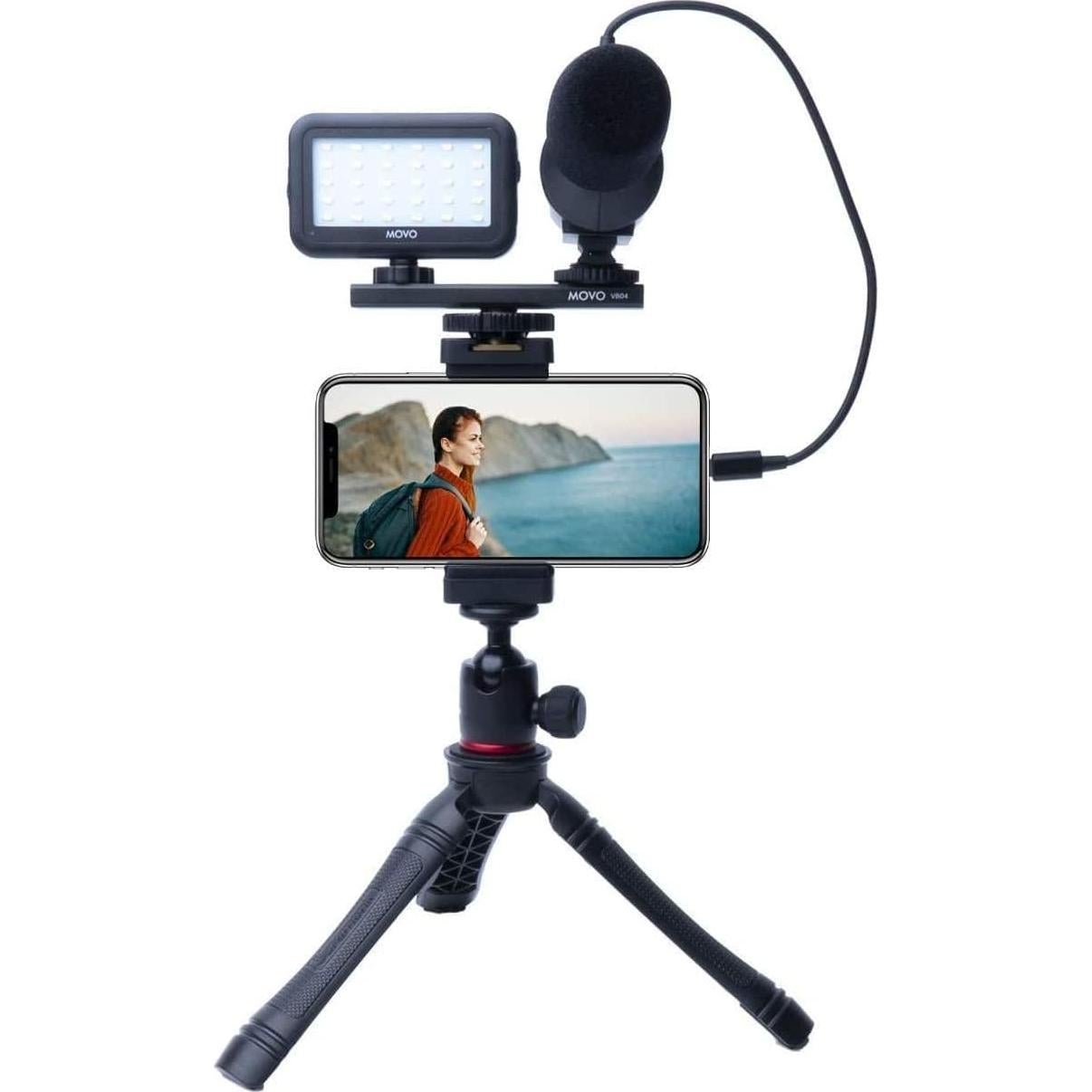 Movo iVlogger- iPhone Android USB Type-C Compatible Vlogging Kit Smartphone Video Kit Accessories: Phone Tripod, Phone Mount, LED Light and Cellphone Shotgun Microphone for YouTube, Vlog