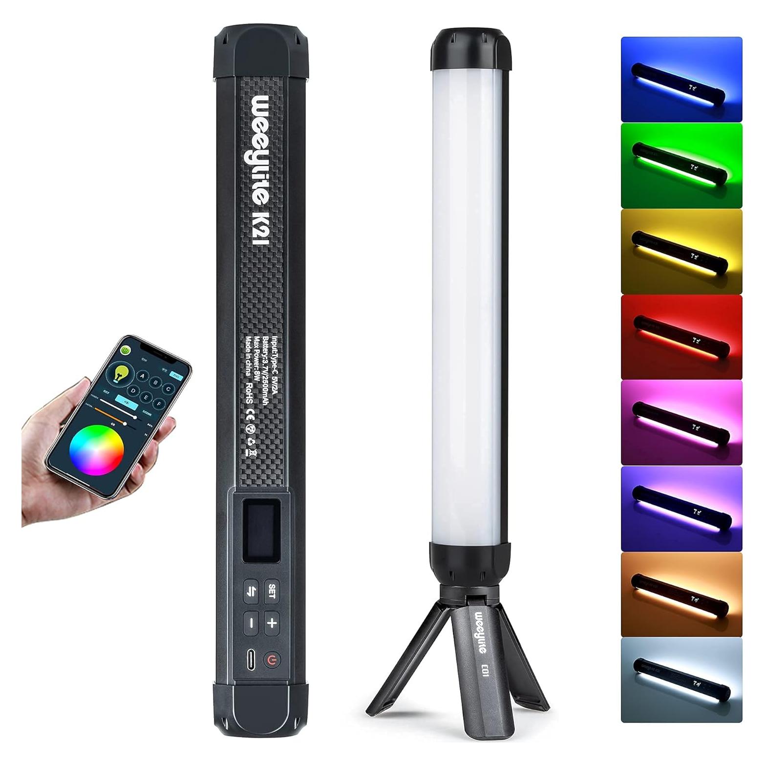 RGB Handheld Light Wand with Mini Desk Tripod, RGB LED Video Light Stick Built-in Rechargeable Battery & Magnet, App Control Photography Lights Stick for Portrait Lighting Video Recording TikTok