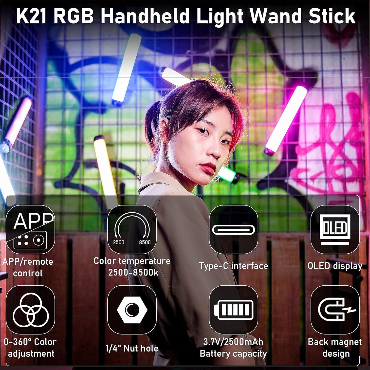 RGB Handheld Light Wand with Mini Desk Tripod, RGB LED Video Light Stick Built-in Rechargeable Battery & Magnet, App Control Photography Lights Stick for Portrait Lighting Video Recording TikTok