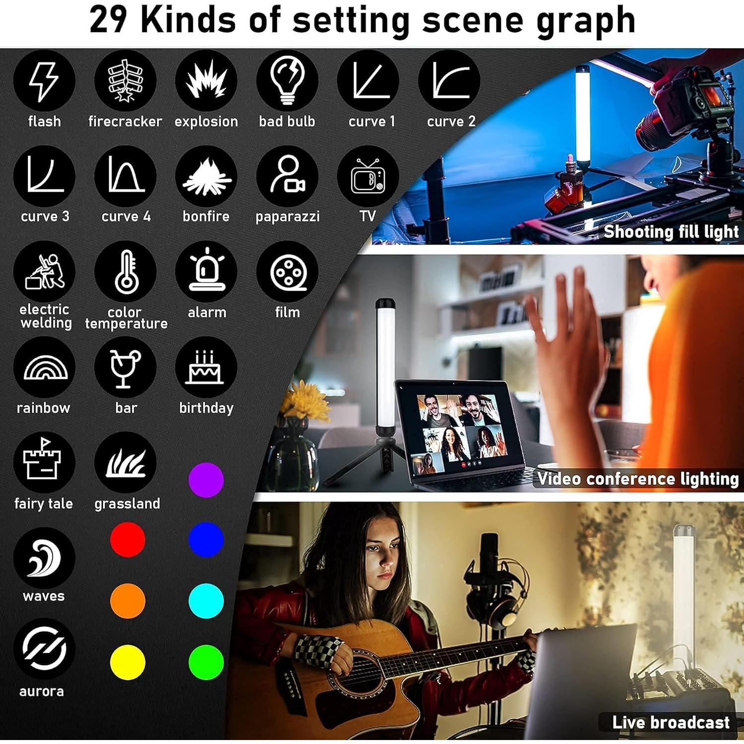 RGB Handheld Light Wand with Mini Desk Tripod, RGB LED Video Light Stick Built-in Rechargeable Battery & Magnet, App Control Photography Lights Stick for Portrait Lighting Video Recording TikTok