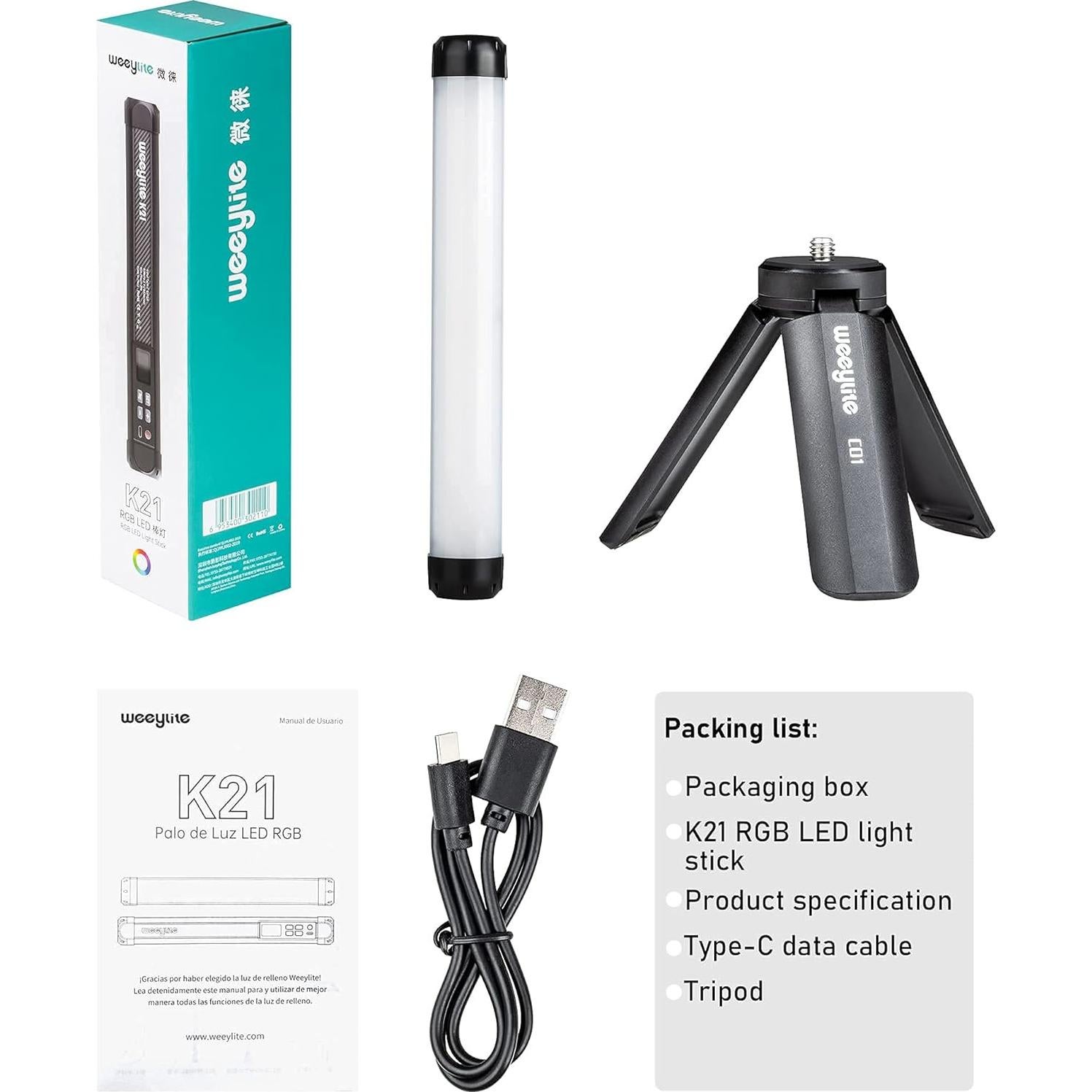 RGB Handheld Light Wand with Mini Desk Tripod, RGB LED Video Light Stick Built-in Rechargeable Battery & Magnet, App Control Photography Lights Stick for Portrait Lighting Video Recording TikTok