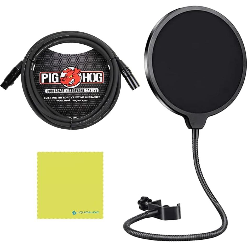 MXL 990 Blaze LED Studio Quality Condenser Microphone Bundle w/Pig Hog PHM10 8mm Mic Cable, Pop Filter Polishing Cloth