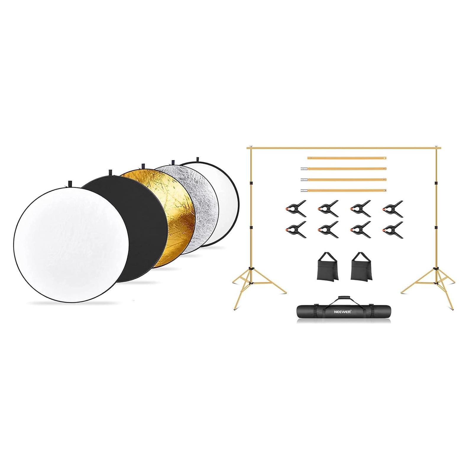 NEEWER 12"/30cm Light Reflector with Bag, Translucent, Silver, Gold, White, Black, 5 in 1 Collapsible Light Diffuse for Photography, Gold Studio Backdrop Support System Included
