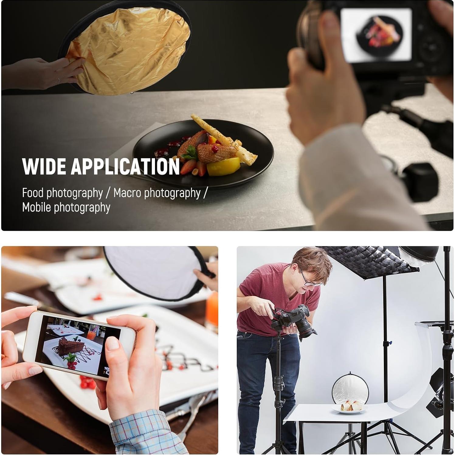 NEEWER 12"/30cm Light Reflector with Bag, Translucent, Silver, Gold, White, Black, 5 in 1 Collapsible Light Diffuse for Photography, Gold Studio Backdrop Support System Included