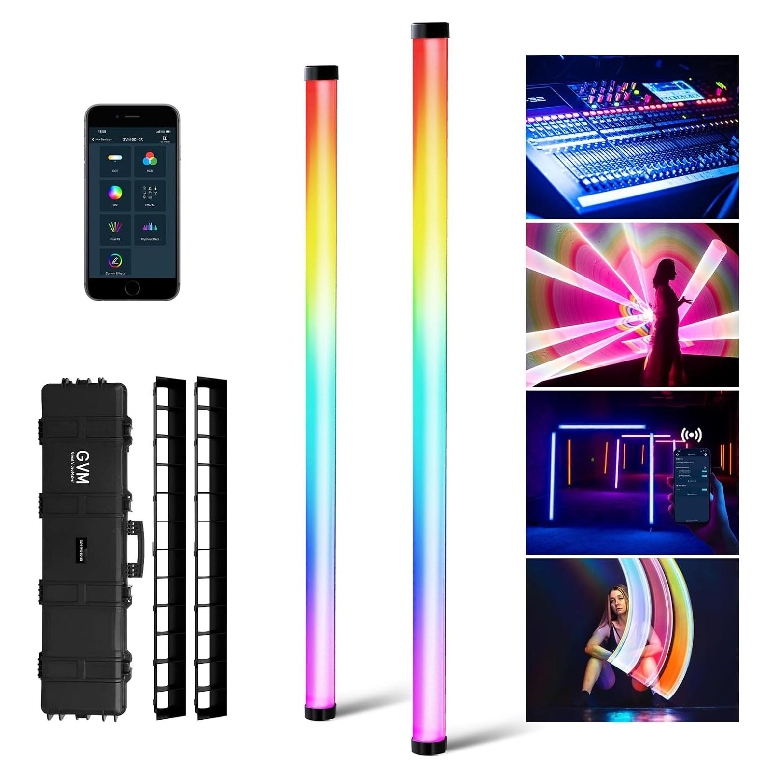 GVM RGB Tube Light with Softbox, 2 Packs 45W Handheld Wand Light, 48" Full Color LED Tube Light, 2700-10000K Stick Light with APP/DMX Control, 12 Scene Effects, MESH Networking Control Led Video Light