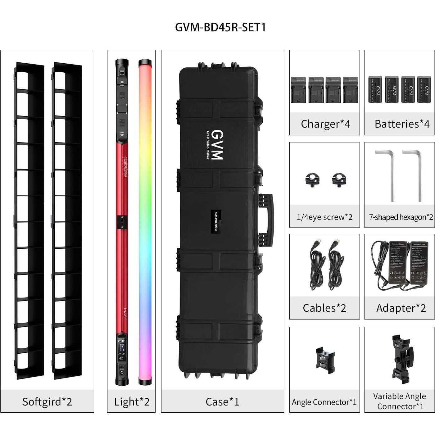 GVM RGB Tube Light with Softbox, 2 Packs 45W Handheld Wand Light, 48" Full Color LED Tube Light, 2700-10000K Stick Light with APP/DMX Control, 12 Scene Effects, MESH Networking Control Led Video Light