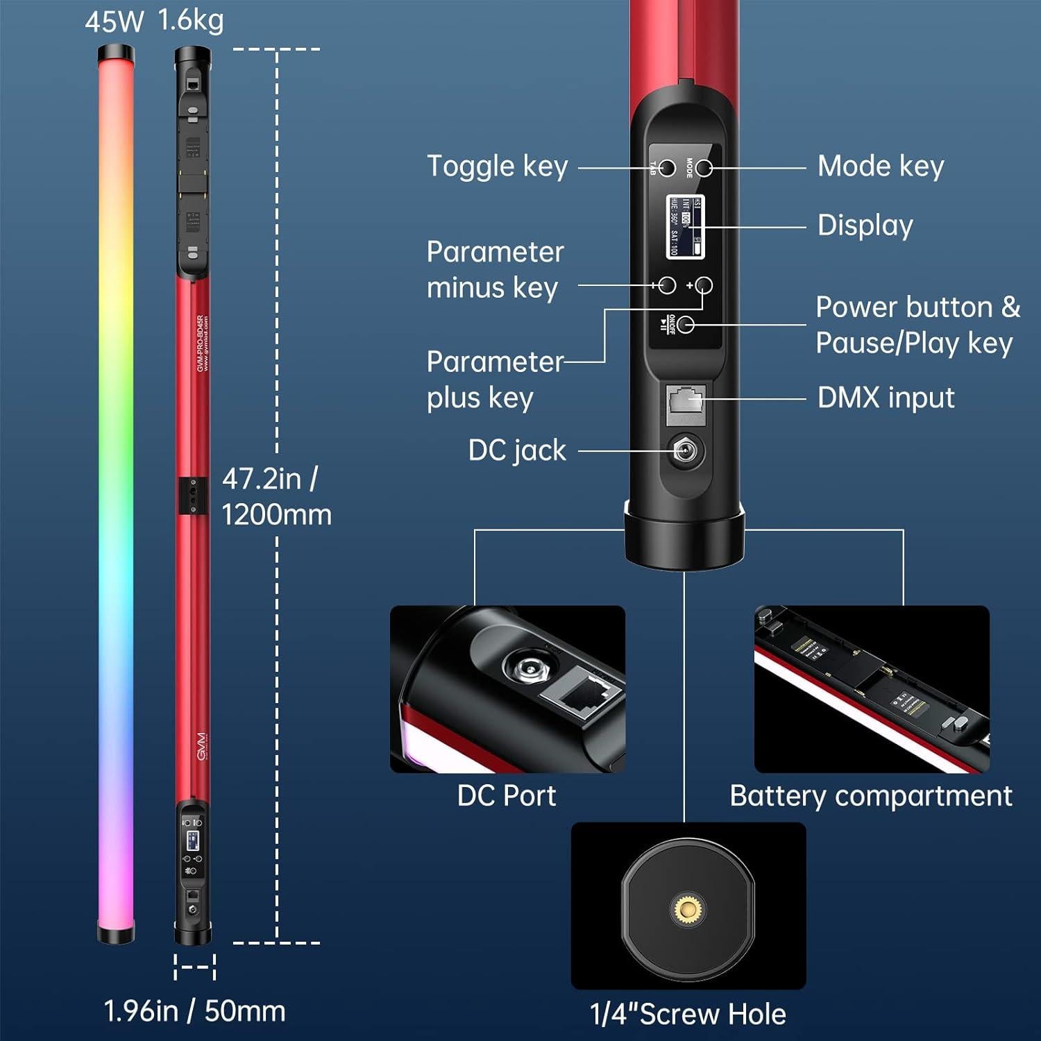 GVM RGB Tube Light with Softbox, 2 Packs 45W Handheld Wand Light, 48" Full Color LED Tube Light, 2700-10000K Stick Light with APP/DMX Control, 12 Scene Effects, MESH Networking Control Led Video Light