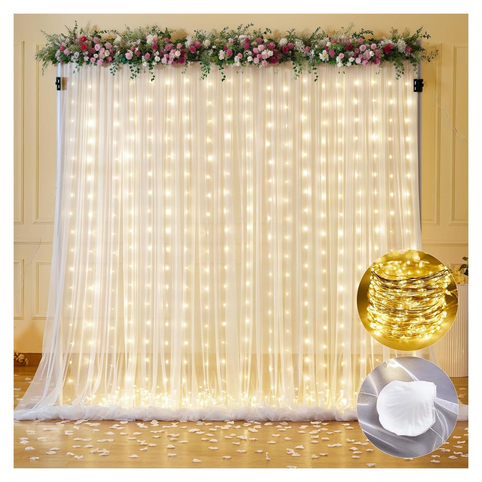 Cortinas de fondo de tul blanco 3m con luces y flores Tao-Ge