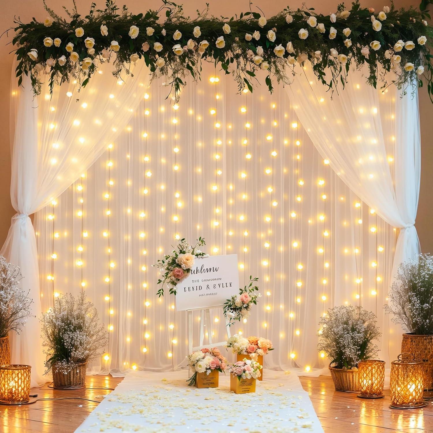 Cortinas de fondo de tul blanco 3m con luces y flores Tao-Ge