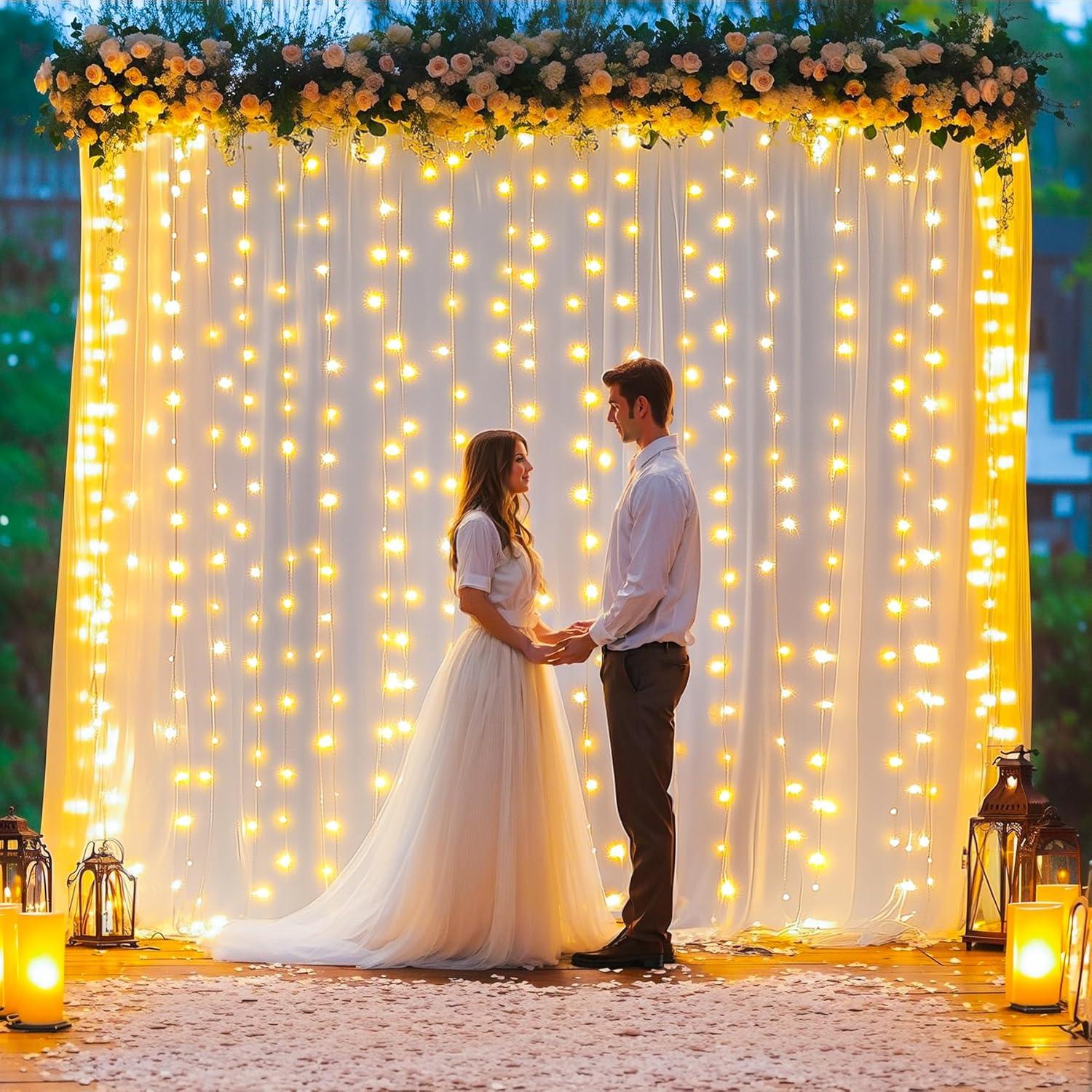 Cortinas de fondo de tul blanco 3m con luces y flores Tao-Ge