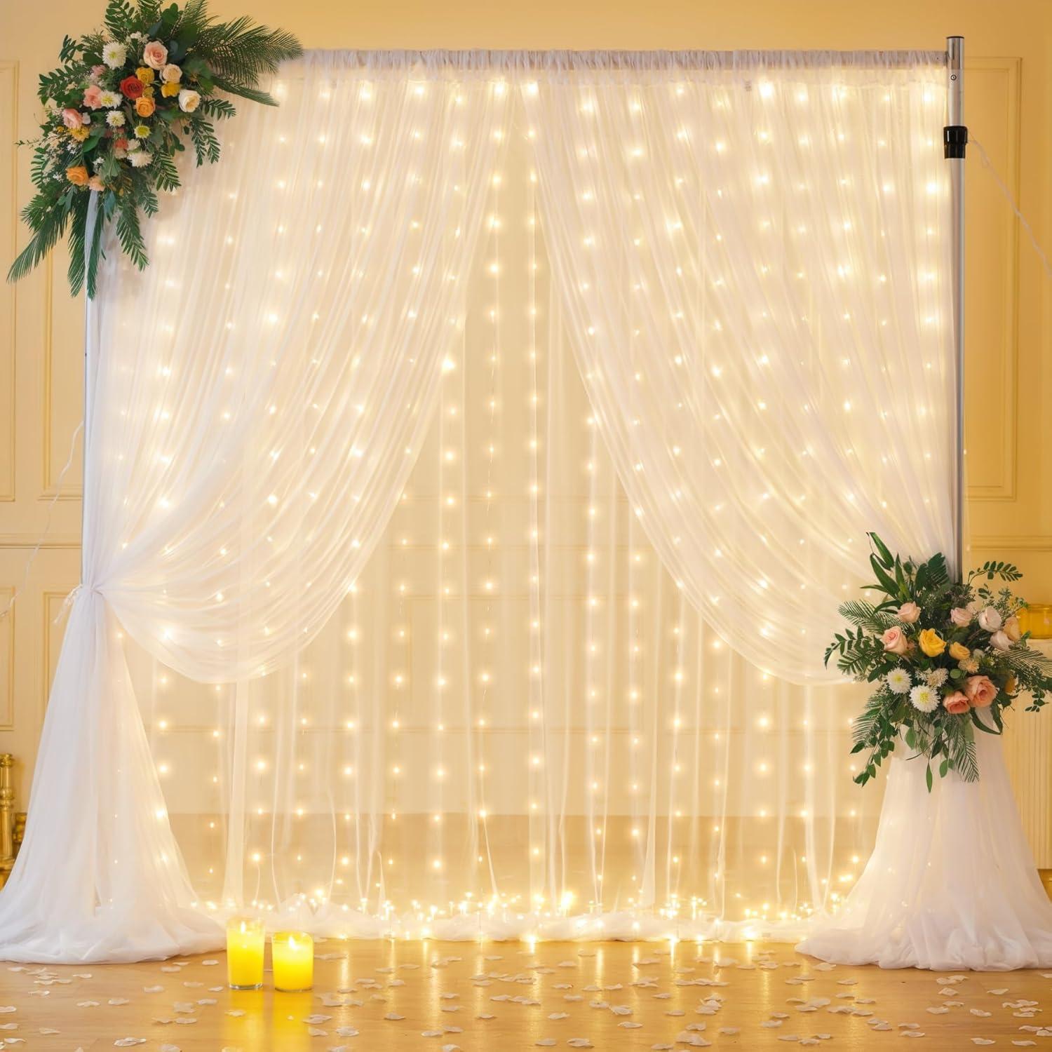 Cortinas de fondo de tul blanco 3m con luces y flores Tao-Ge