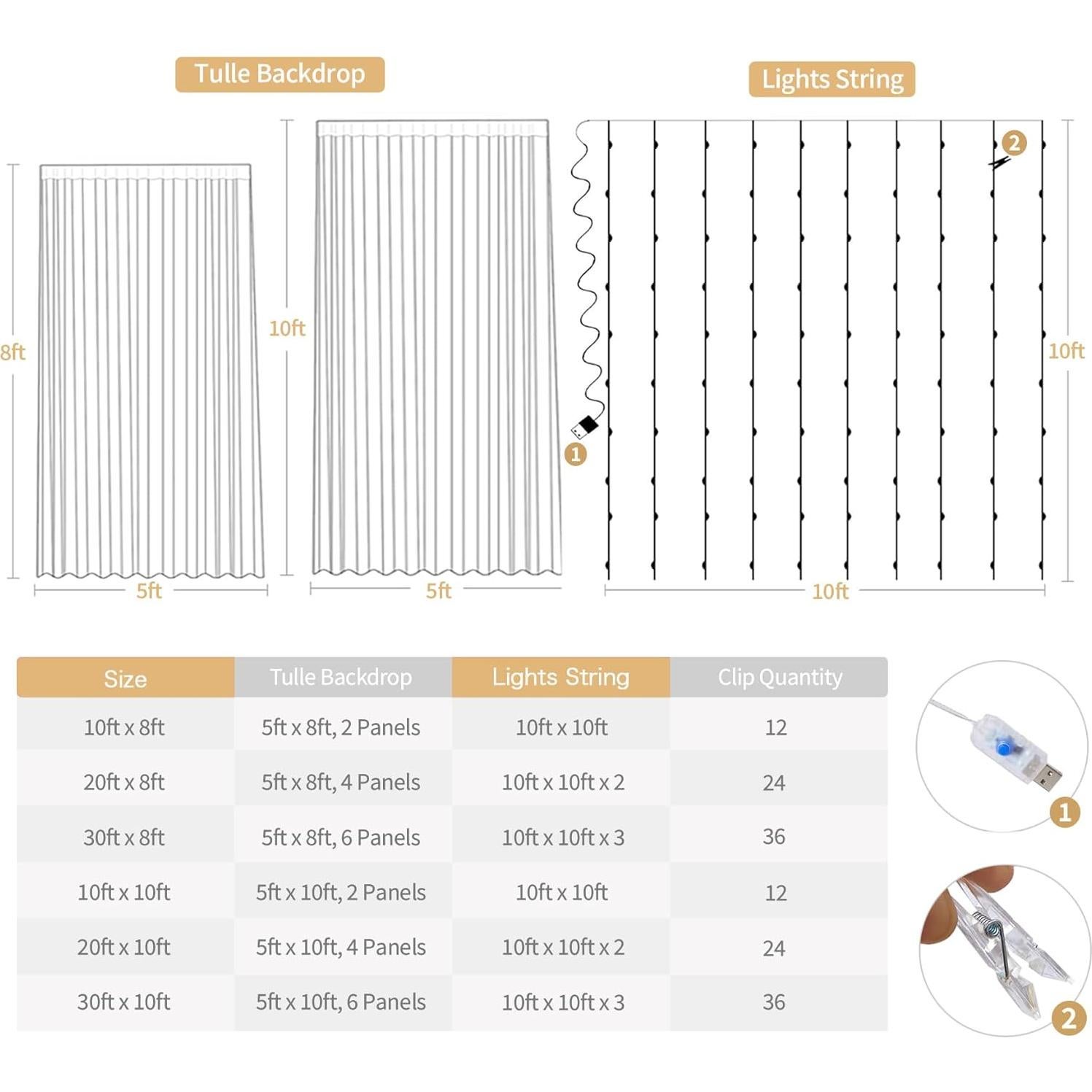 Cortinas de fondo de tul blanco 3m con luces y flores Tao-Ge