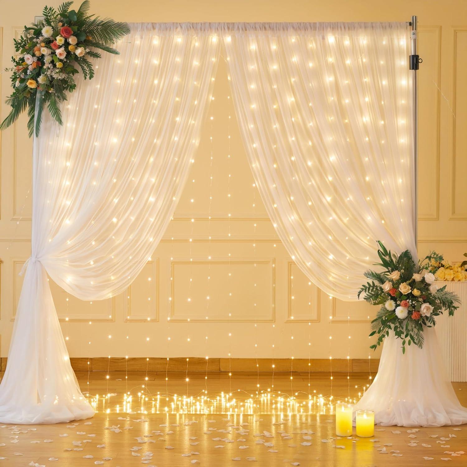 Cortinas de fondo de tul blanco 3m con luces y flores Tao-Ge