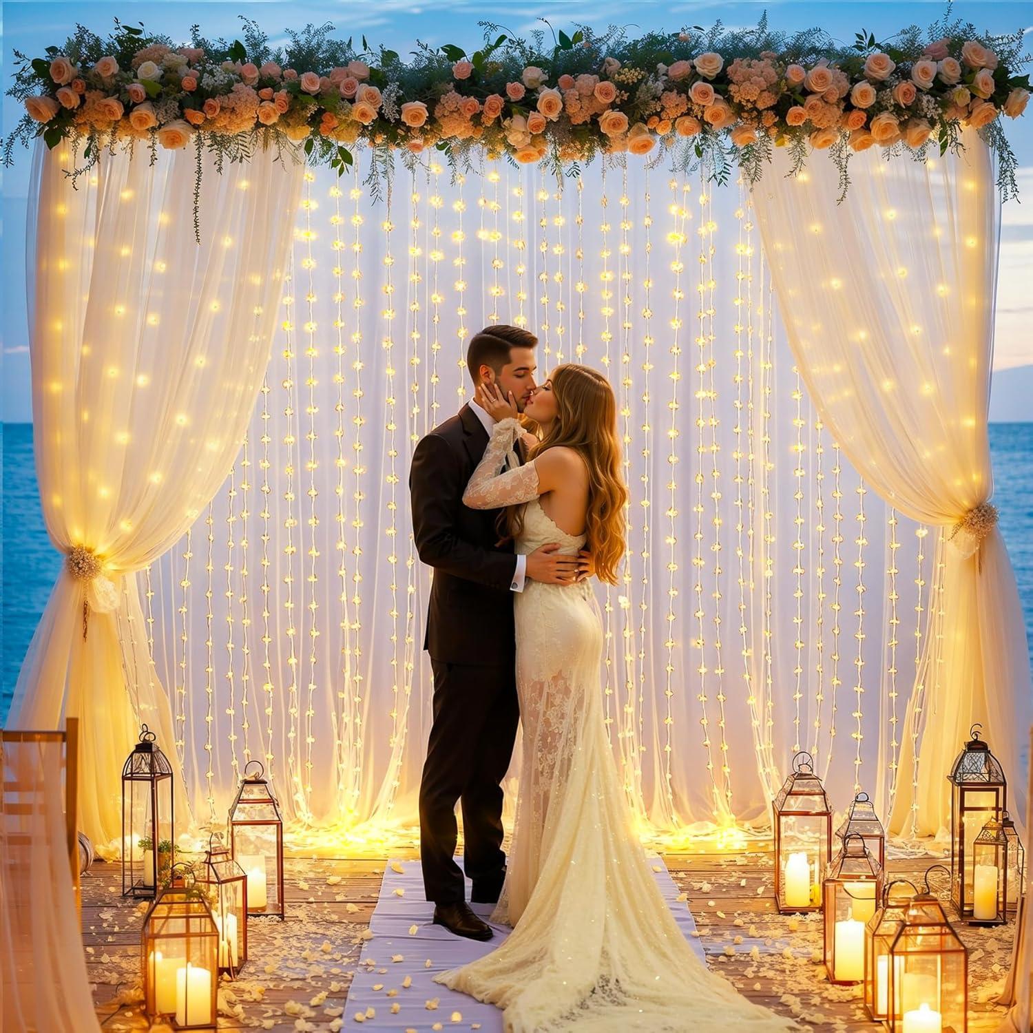 Cortinas de fondo de tul blanco 3m con luces y flores Tao-Ge