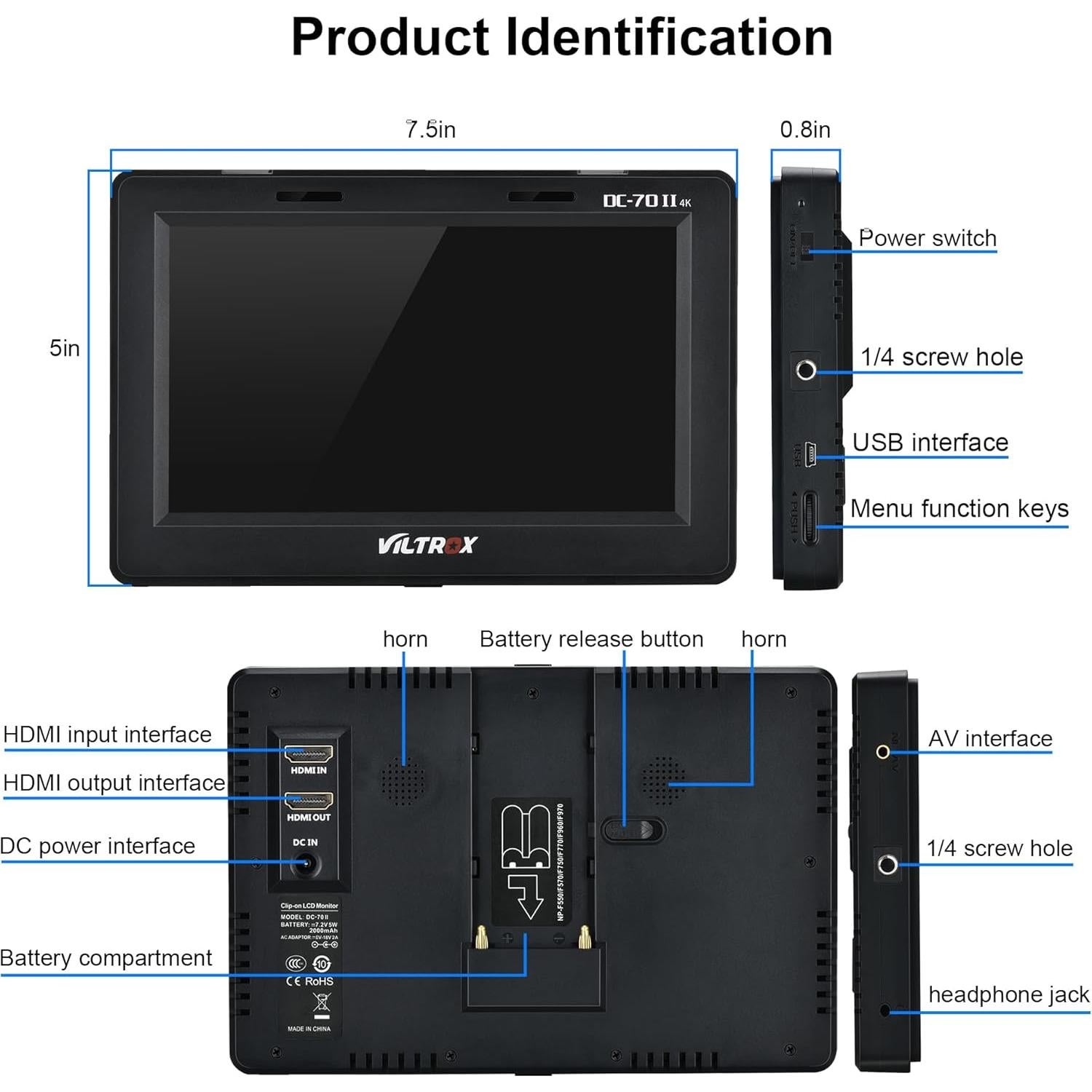 Monitor de Campo VILTROX DC-70 II 7" 4K HDMI con Batería