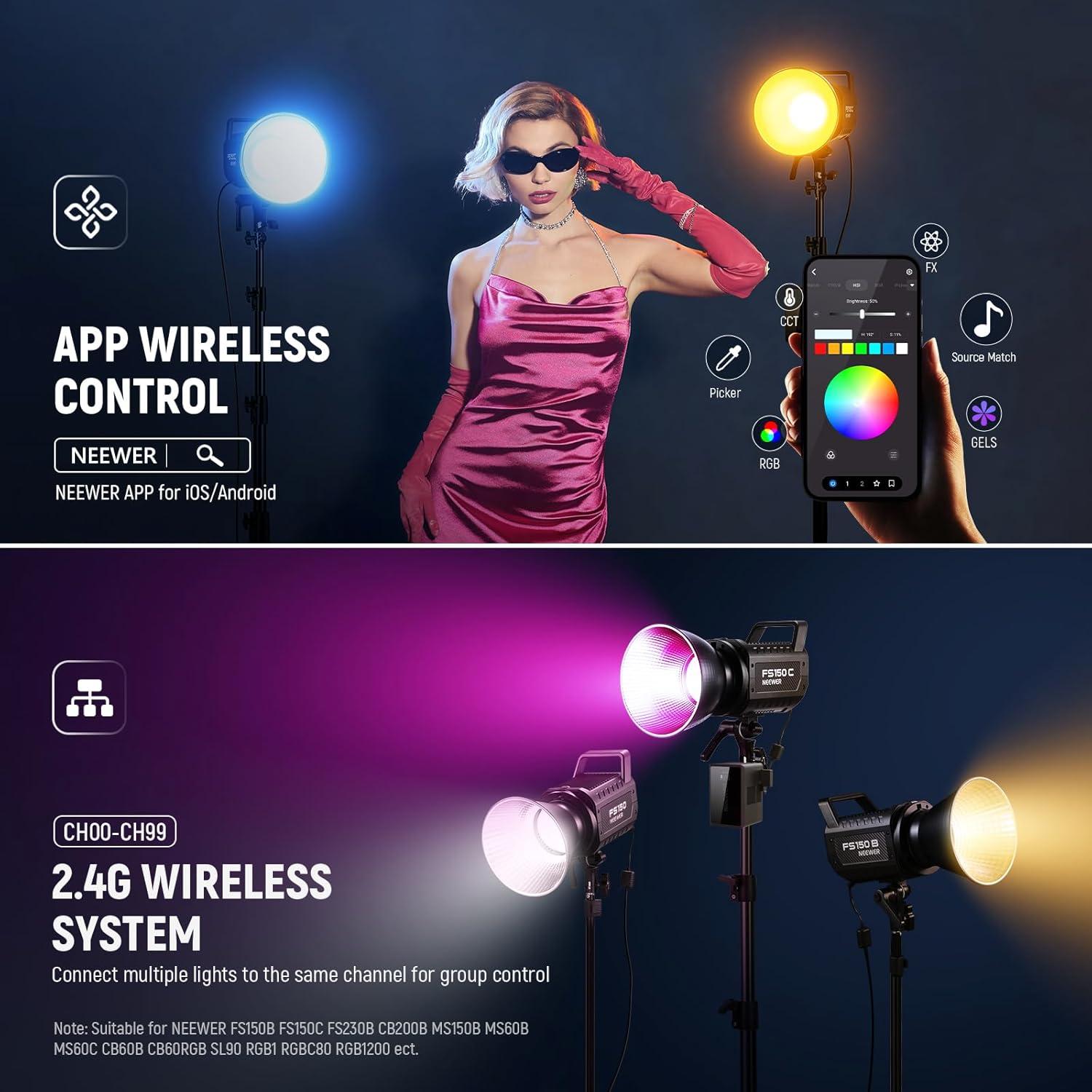 Luz de Video LED RGB NEEWER FS150C 130W 2500-7500K con Reflector