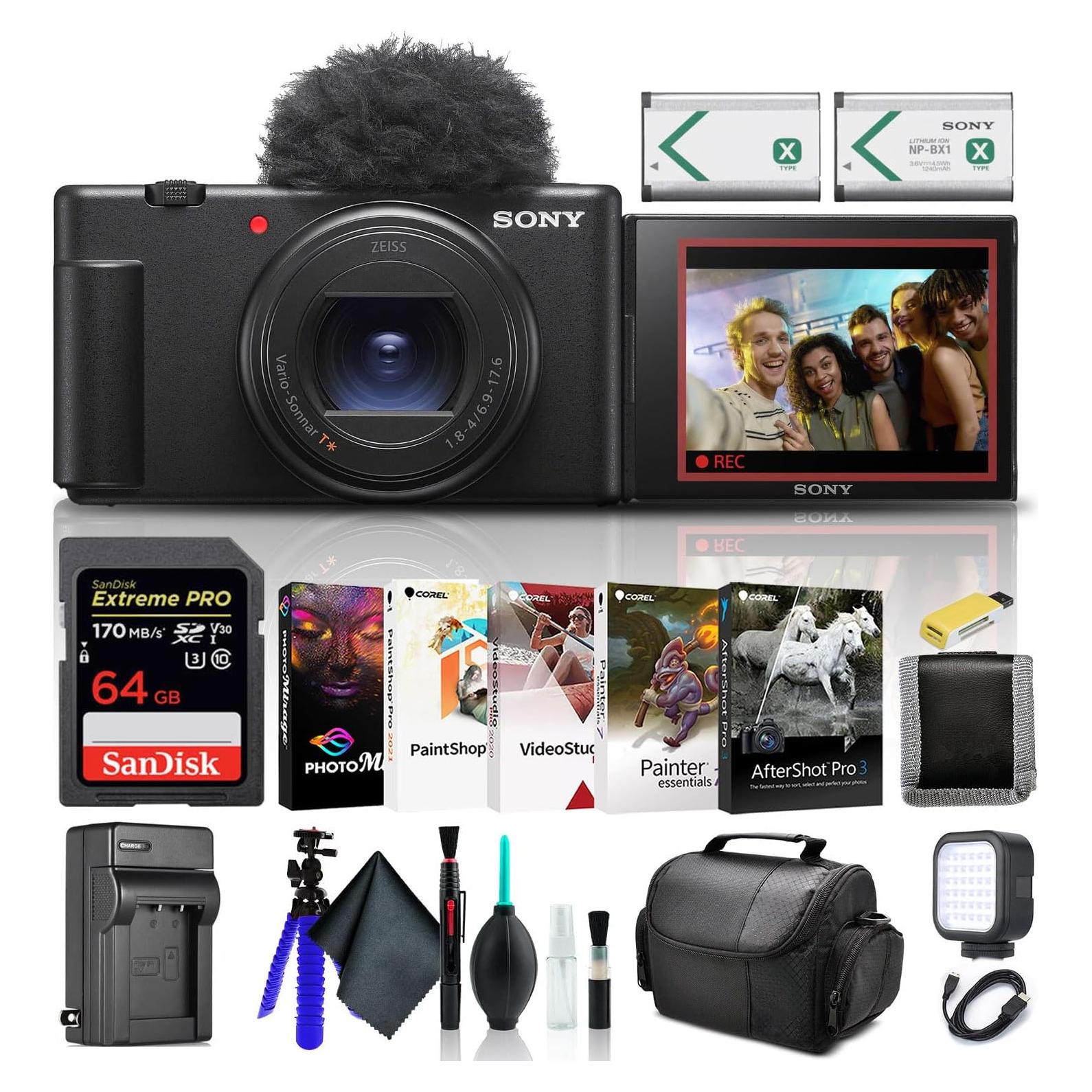 Sony ZV-1 II Compact Vlogging Camera (ILCZV-1M2/B) – 20.1 MP 1″ Sensor, 18–50 mm Wide-Angle Zoom, 4K Video w/ 64GB Card, NP-BX1 Battery, Card Reader, LED Light, Soft Bag and More