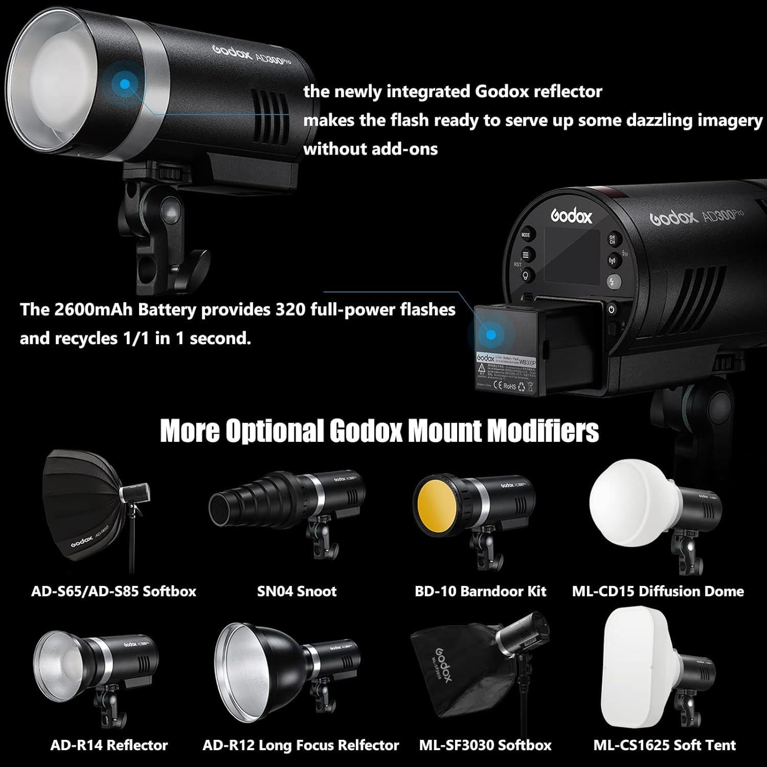 Flash Estroboscópico Godox AD300Pro 300Ws Portátil TTL HSS