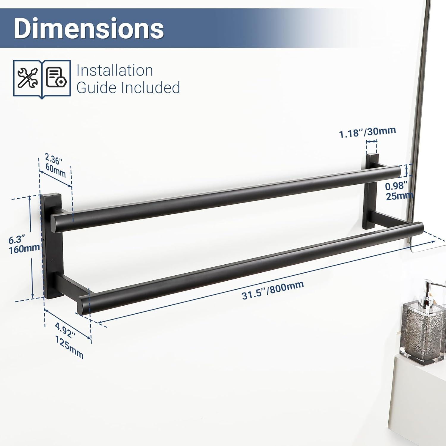 SAYAYO Barra Doble para Toallas 80 cm Acero Inoxidable Negro