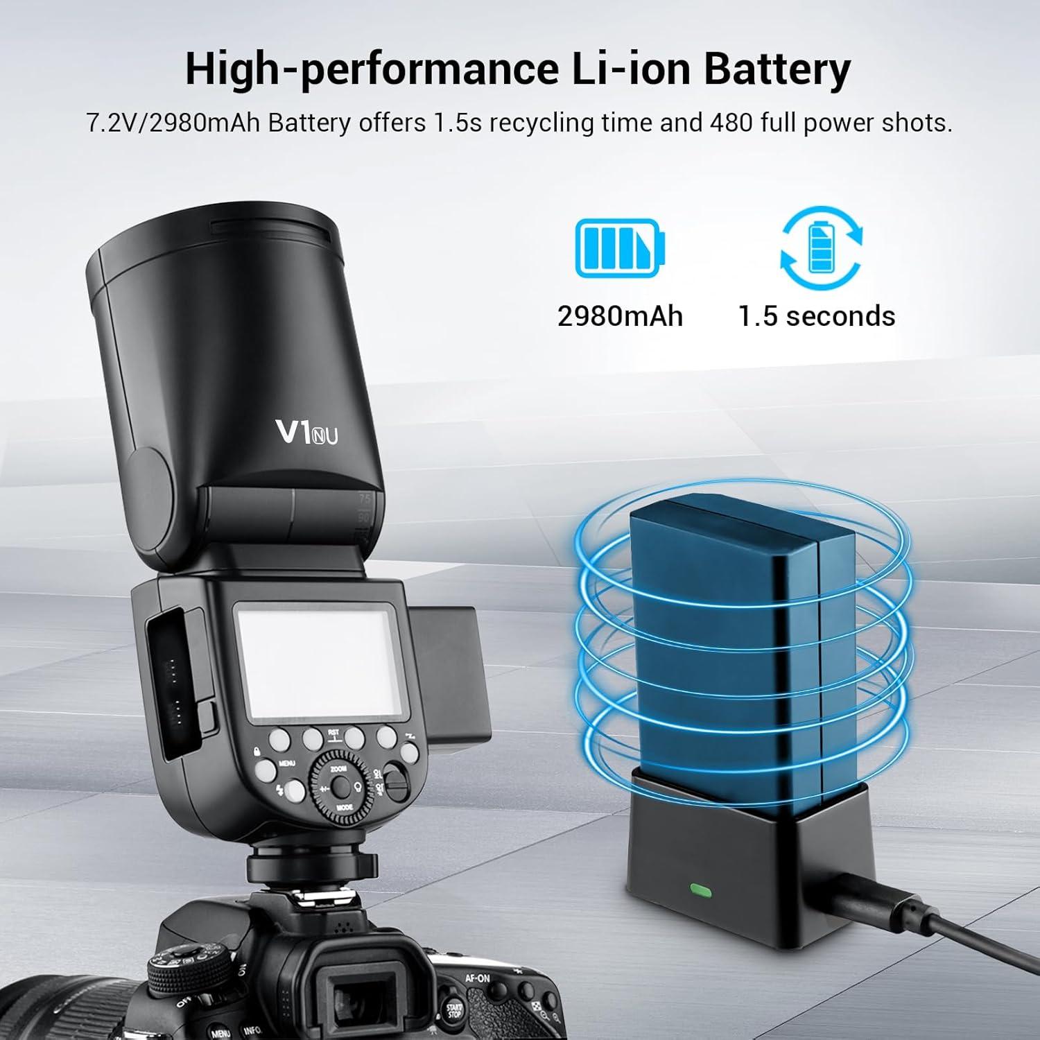 Flash Godox V1-NU para Nikon, TTL 2.4G, 480 Disparos