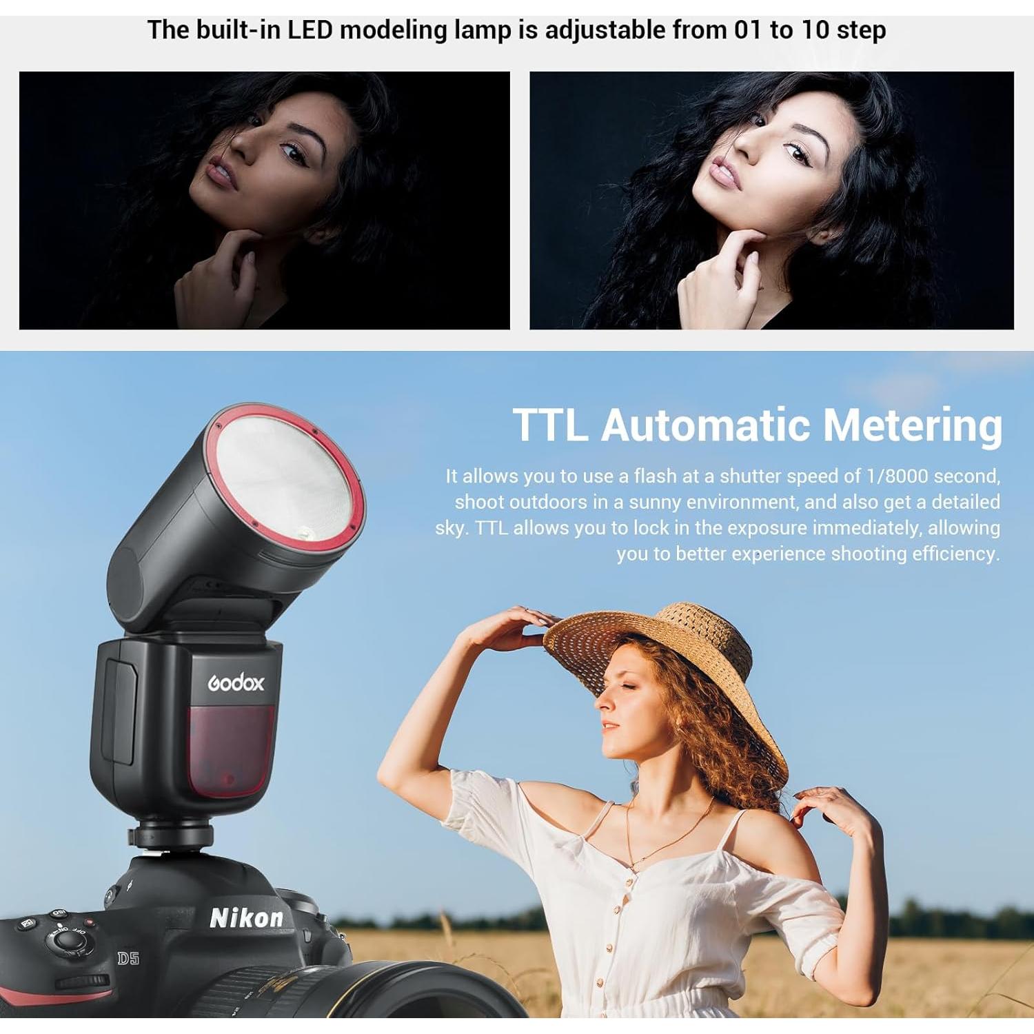 Flash Godox V1-NU para Nikon, TTL 2.4G, 480 Disparos