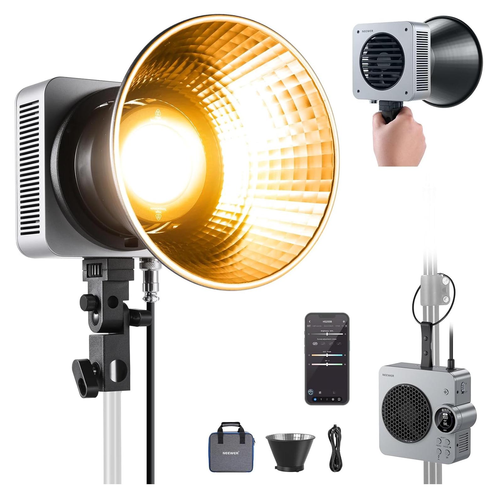 NEEWER HS200B Portable LED Video Light APP/2.4G/DMX Control, 280W 84400lx/1m Bi Color 2700-6500K CRI95+ COB Continuous Output Key Lighting Bowens Spotlight for Recording Streaming Studio Photography