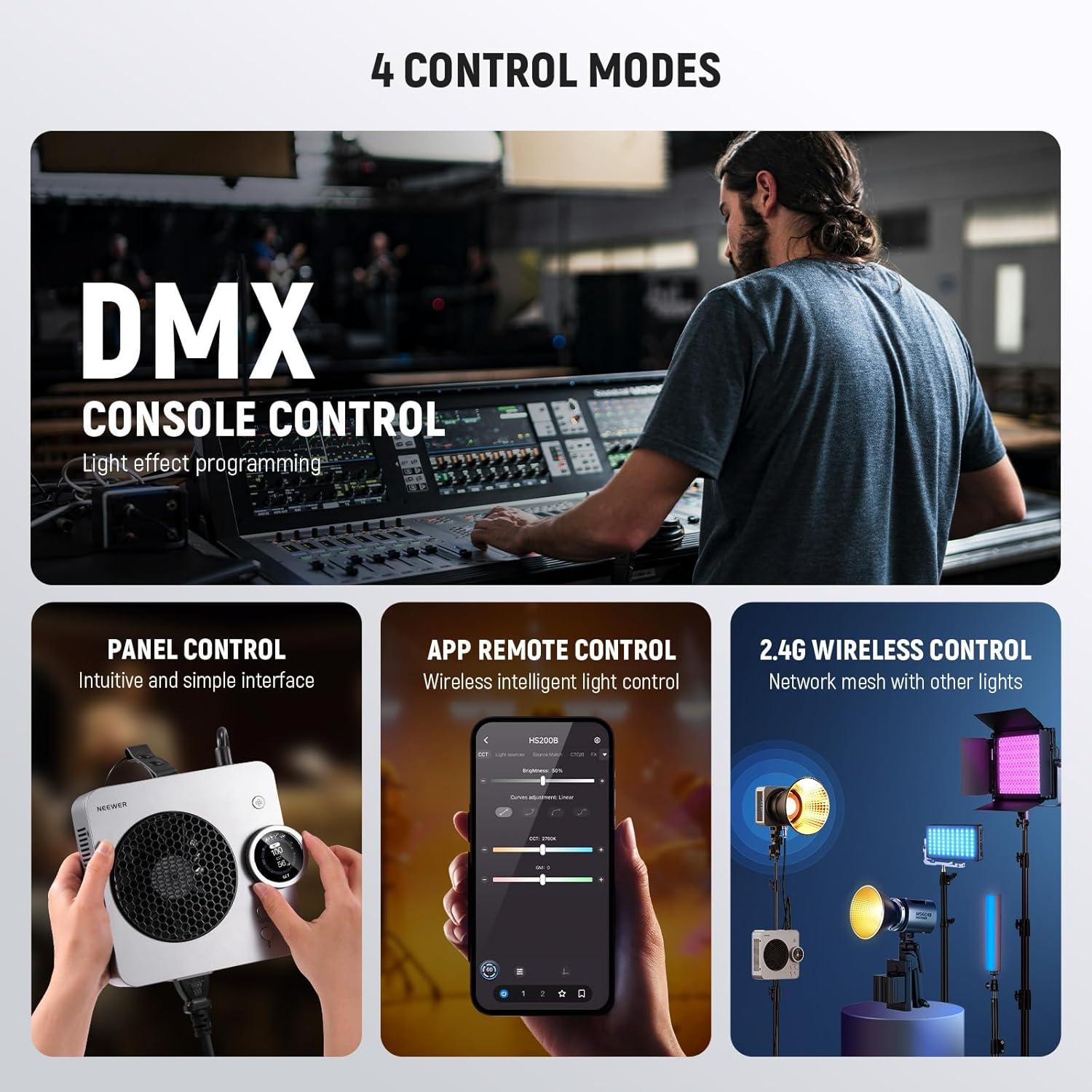 NEEWER HS200B Portable LED Video Light APP/2.4G/DMX Control, 280W 84400lx/1m Bi Color 2700-6500K CRI95+ COB Continuous Output Key Lighting Bowens Spotlight for Recording Streaming Studio Photography