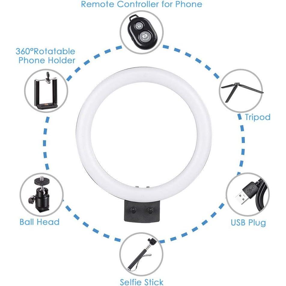 AW 8" Dimmable 5500K LED Ring Light Tabletop Stand USB with Phone Holder & Selfie Stick for Makeup Portrait Shooting Live Stream