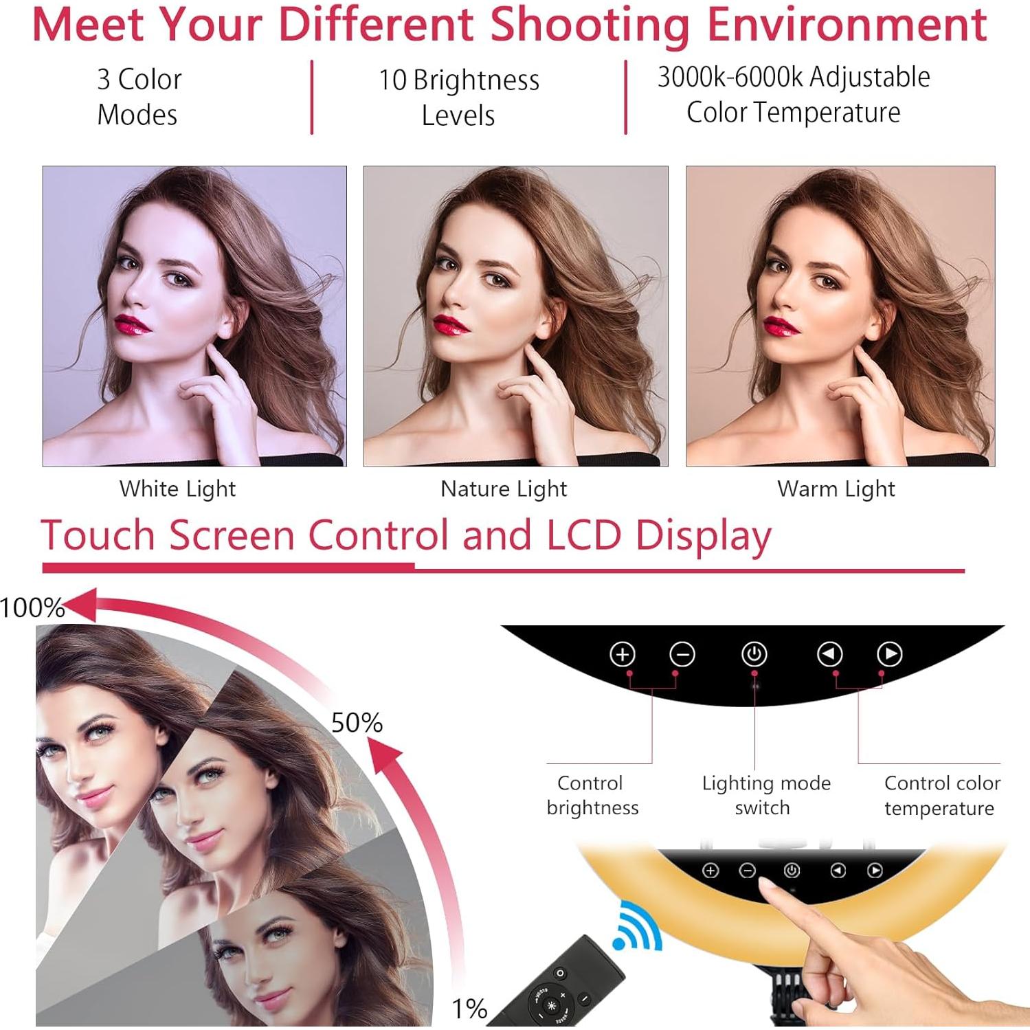 EOTO LIGHT 19 inch LED Ring Light with Tripod Stand, Ring Light with Touch Panel for Makeup Studio Portrait YouTube Vlog Video Shooting with Remote Controller, CRI>97