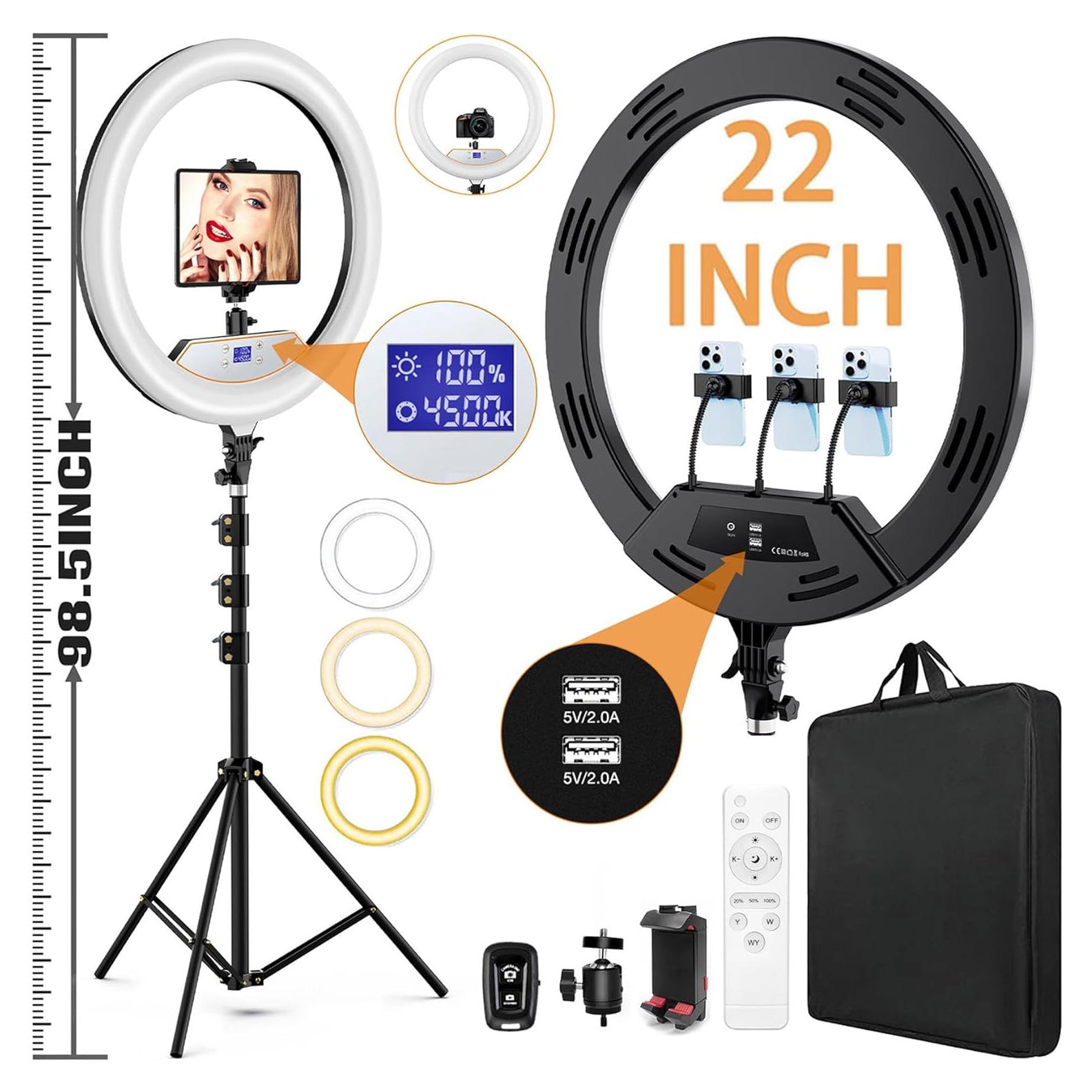 22"Ring Light with Stand,Ring Light Tripod for iPhone ipad,with 75"Tripod/LCD Display/4 ipad iPhone Clips/2 USB Ports,2600K-6500K Color Temperature,for Barber Makeup Tattoo TikTok Video Recording Vlog