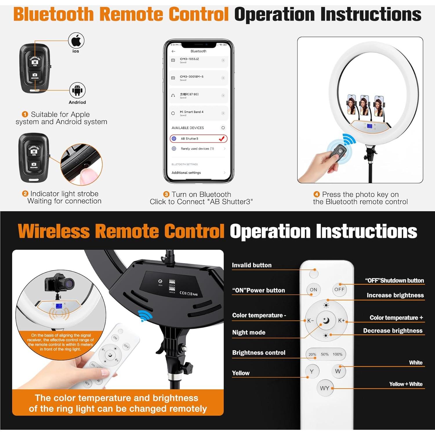 22"Ring Light with Stand,Ring Light Tripod for iPhone ipad,with 75"Tripod/LCD Display/4 ipad iPhone Clips/2 USB Ports,2600K-6500K Color Temperature,for Barber Makeup Tattoo TikTok Video Recording Vlog