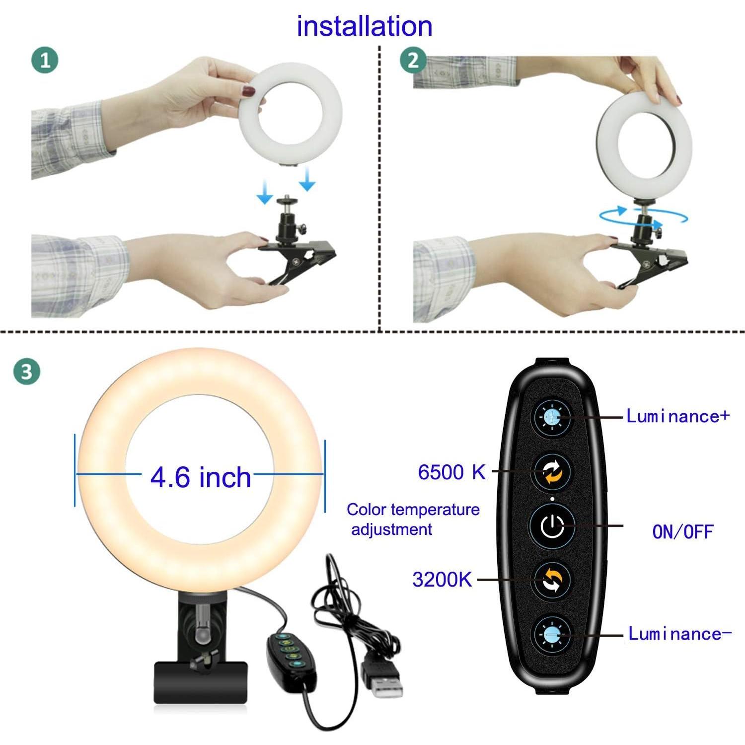 Ring Light Video Conference Lighting Kit 3200k-6500K Dimmable Led Clip on Computer Monitor Laptop Phone for Content Creator (YouTube/TikTok/Twitch) Makeup,Conference,Selfie,Video,Vlog (Black)