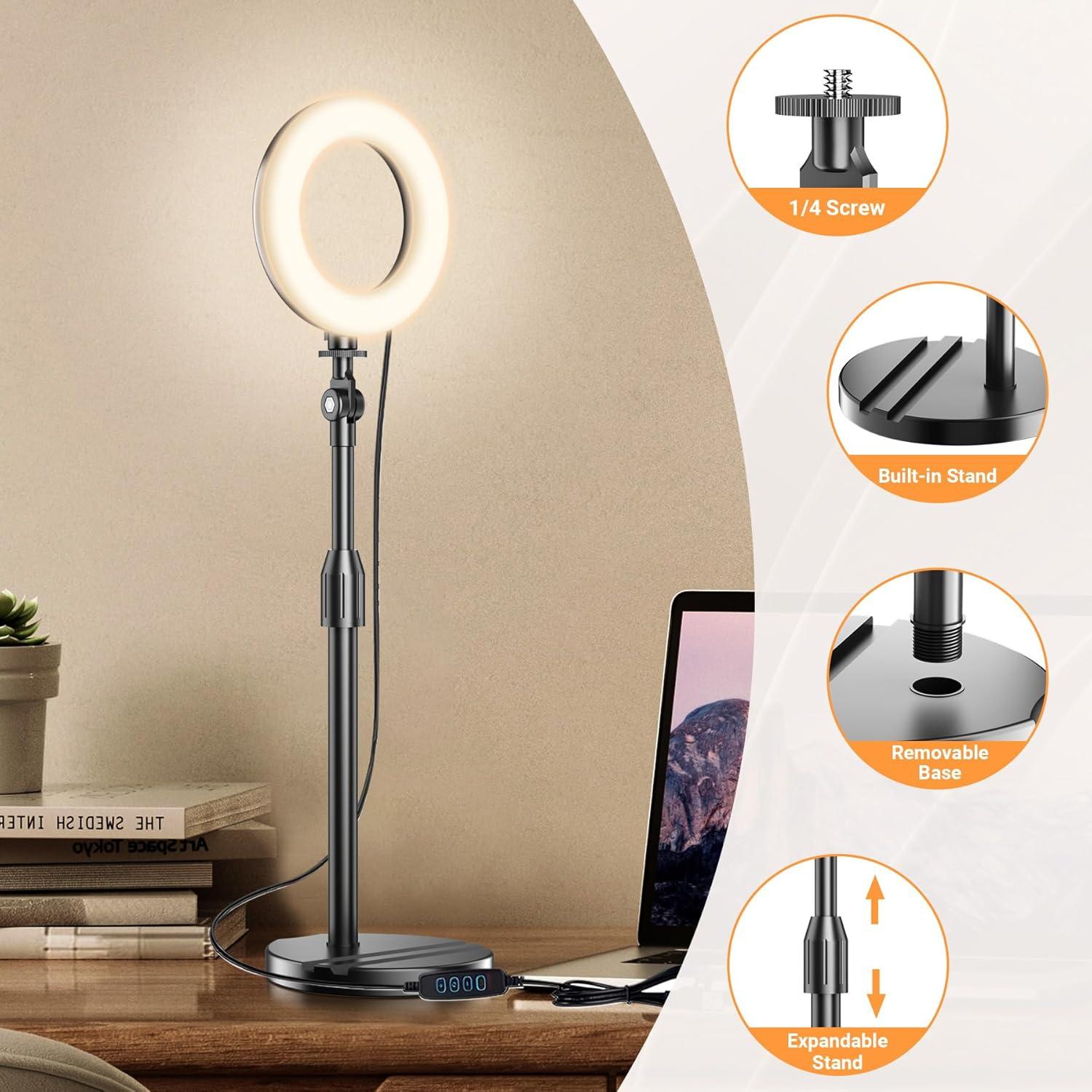 Portable Travel Ring Light for Laptop Zoom Video Conference, 5'' Bright Circle Light with Extendable Stand, Small Halo Lighting with Phone Holder for Video Recording Live Stream Facetime Photography