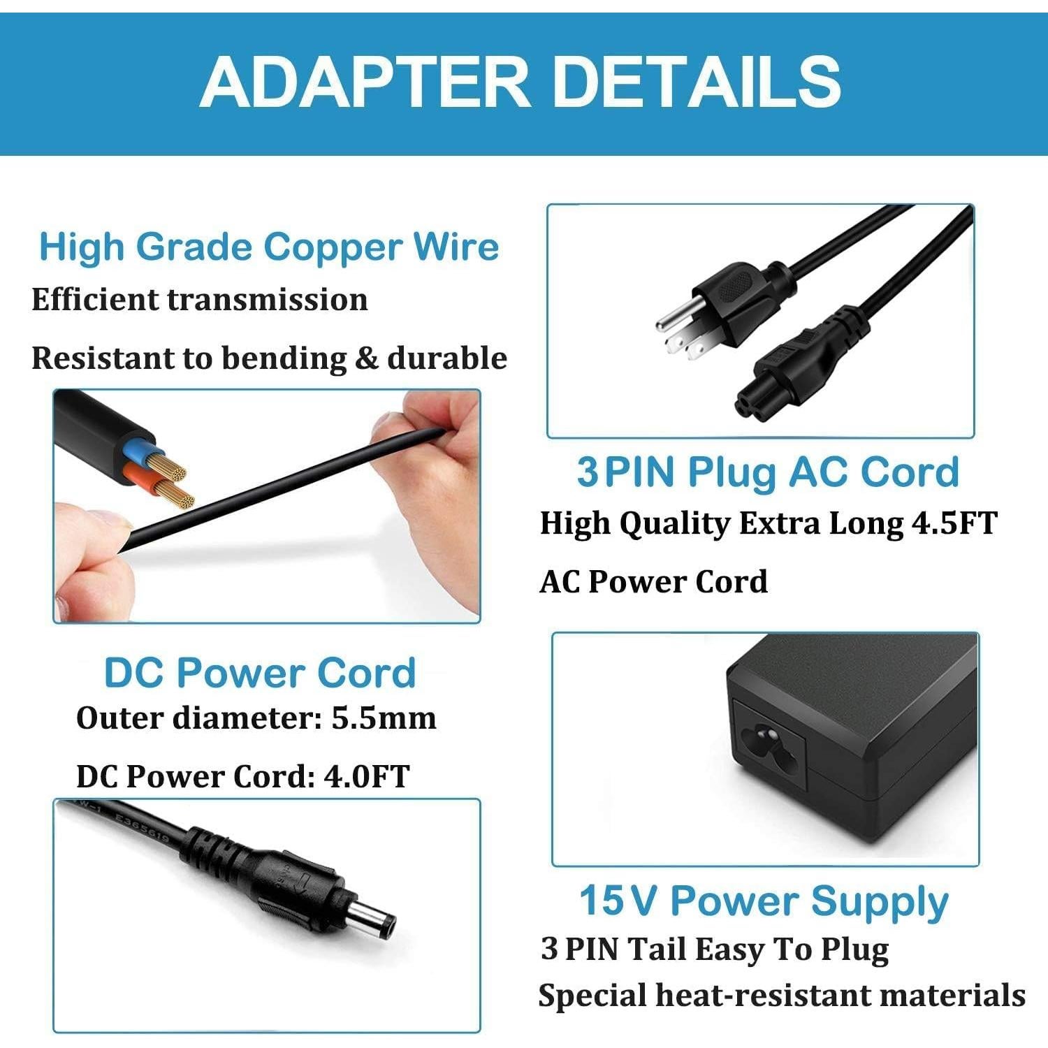 15V Power Cord Compatible with Neewer Photo Studio Ring Light NW-150480D2 Power Supply Adapter Compatible with Neewer 14 inches and 18 inches Ring Light