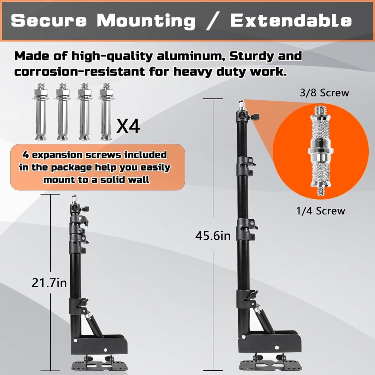 Wall Mounting Triangle Boom Arm for Ring Light, Support 180° Flexible Rotation, 21.7-45.6in Adjustable Length, Save Space, for Monolight, Softbox, Umbrella and Reflector