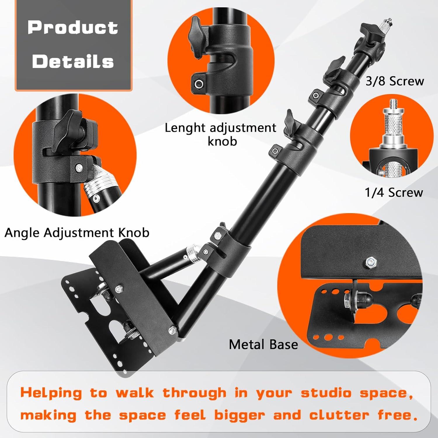 Wall Mounting Triangle Boom Arm for Ring Light, Support 180° Flexible Rotation, 21.7-45.6in Adjustable Length, Save Space, for Monolight, Softbox, Umbrella and Reflector