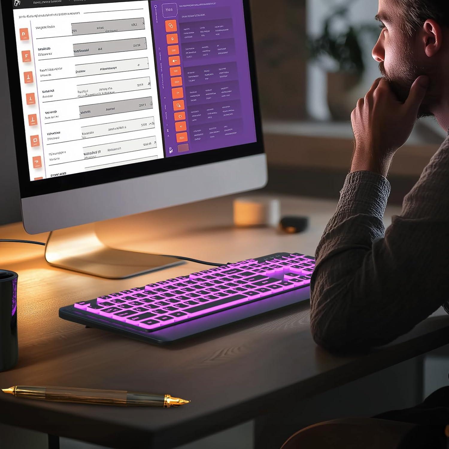 Backlit Wired Keyboard, USB Lighted Computer Keyboards with 7 Colors Backlight, Full Size Silent Keyboard with Media Hotkey for Windows Desktop, PC, Laptop (Black, M)