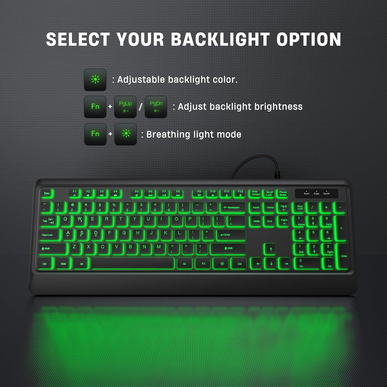 Backlit Wired Keyboard, USB Lighted Computer Keyboards with 7 Colors Backlight, Full Size Silent Keyboard with Media Hotkey for Windows Desktop, PC, Laptop (Black, M)