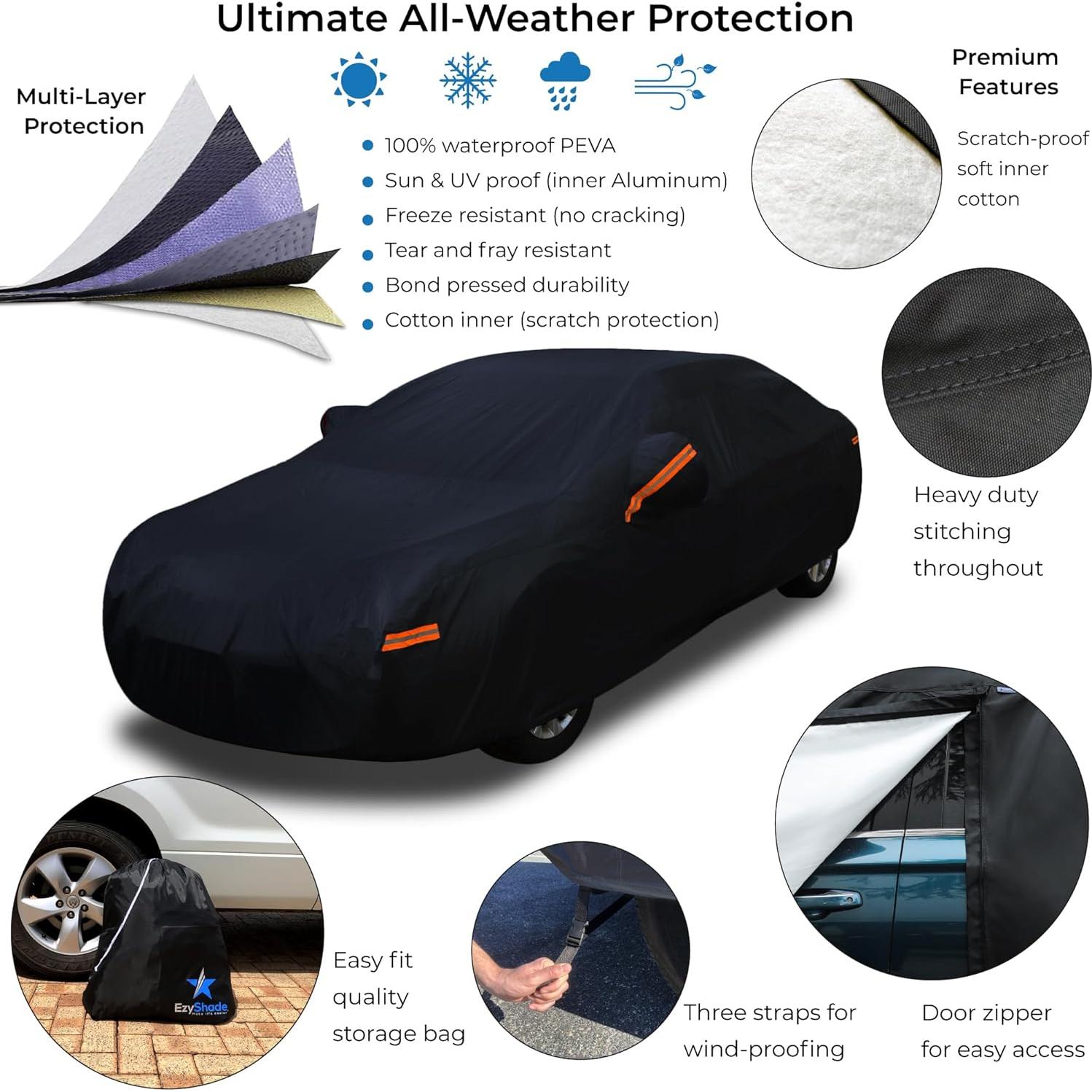 EzyShade 10-Layer Car Cover Waterproof All Weather. See Vehicle Size-Chart for Accurate Fit. Outdoor Full Exterior Covers for Automobiles Sedan Hatch. Rain Sun Snow. Black, Size A0 (See SizeChart)