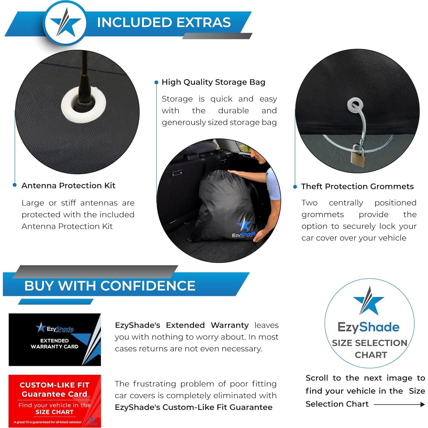 EzyShade 10-Layer Car Cover Waterproof All Weather. See Vehicle Size-Chart for Accurate Fit. Outdoor Full Exterior Covers for Automobiles Sedan Hatch. Rain Sun Snow. Black, Size A0 (See SizeChart)