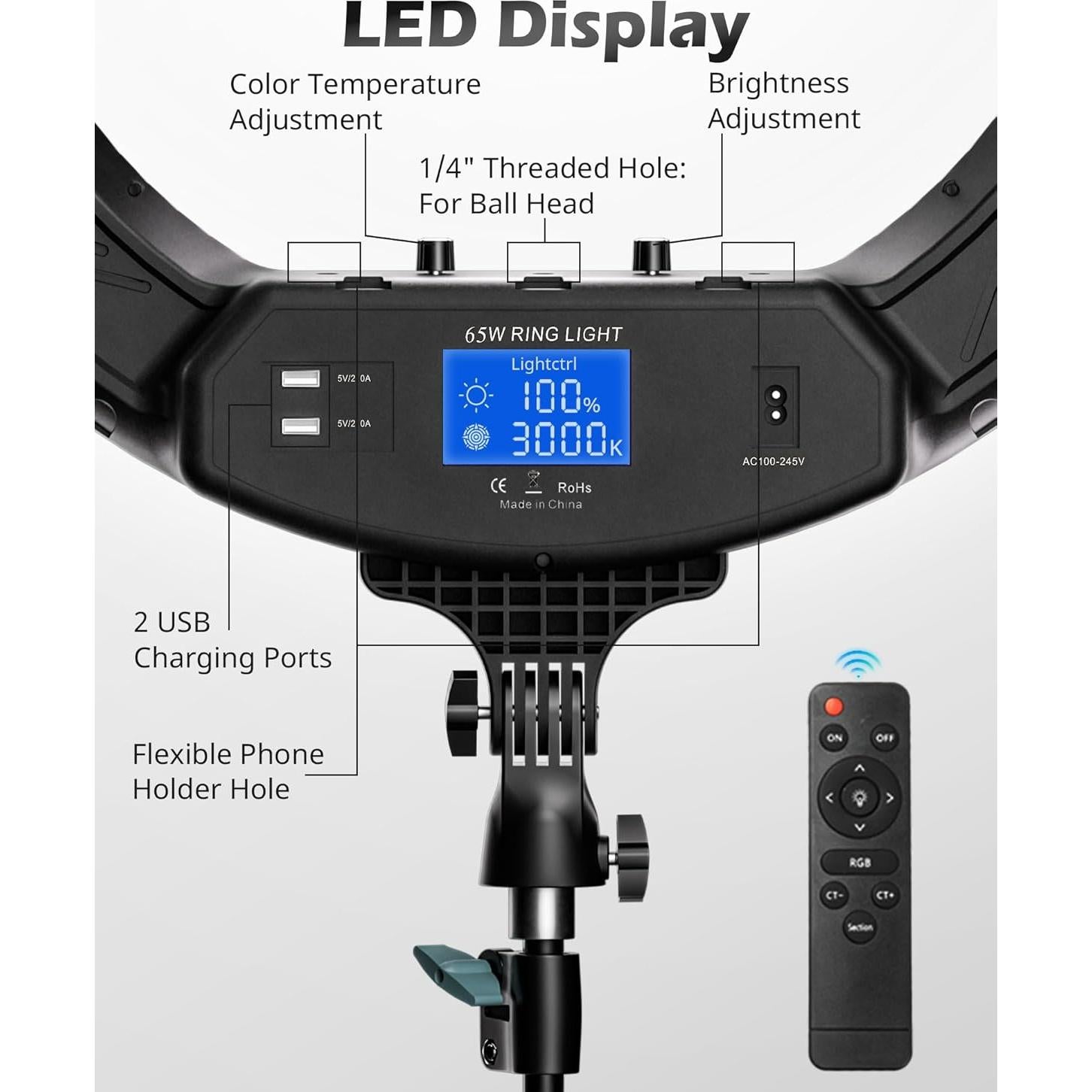 Luz de Anillo UBeesize 22" LED Regulable con Soporte 182.88 cm