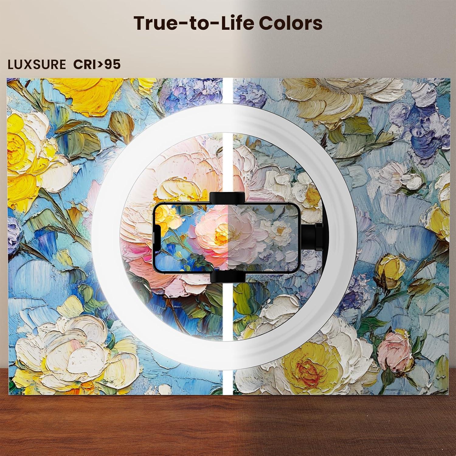 Soporte de cámara LUXSURE con luz anular 25.4 cm para teléfono