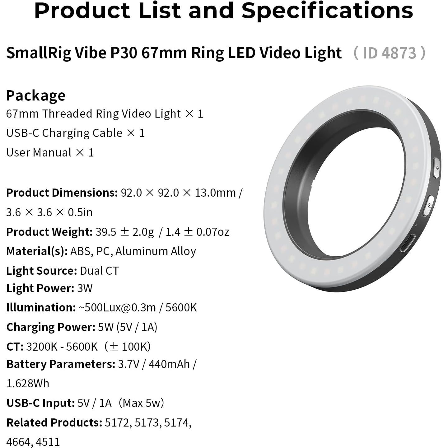 Luz LED de Anillo Bi-Color SmallRig Vibe P30 67mm 3W