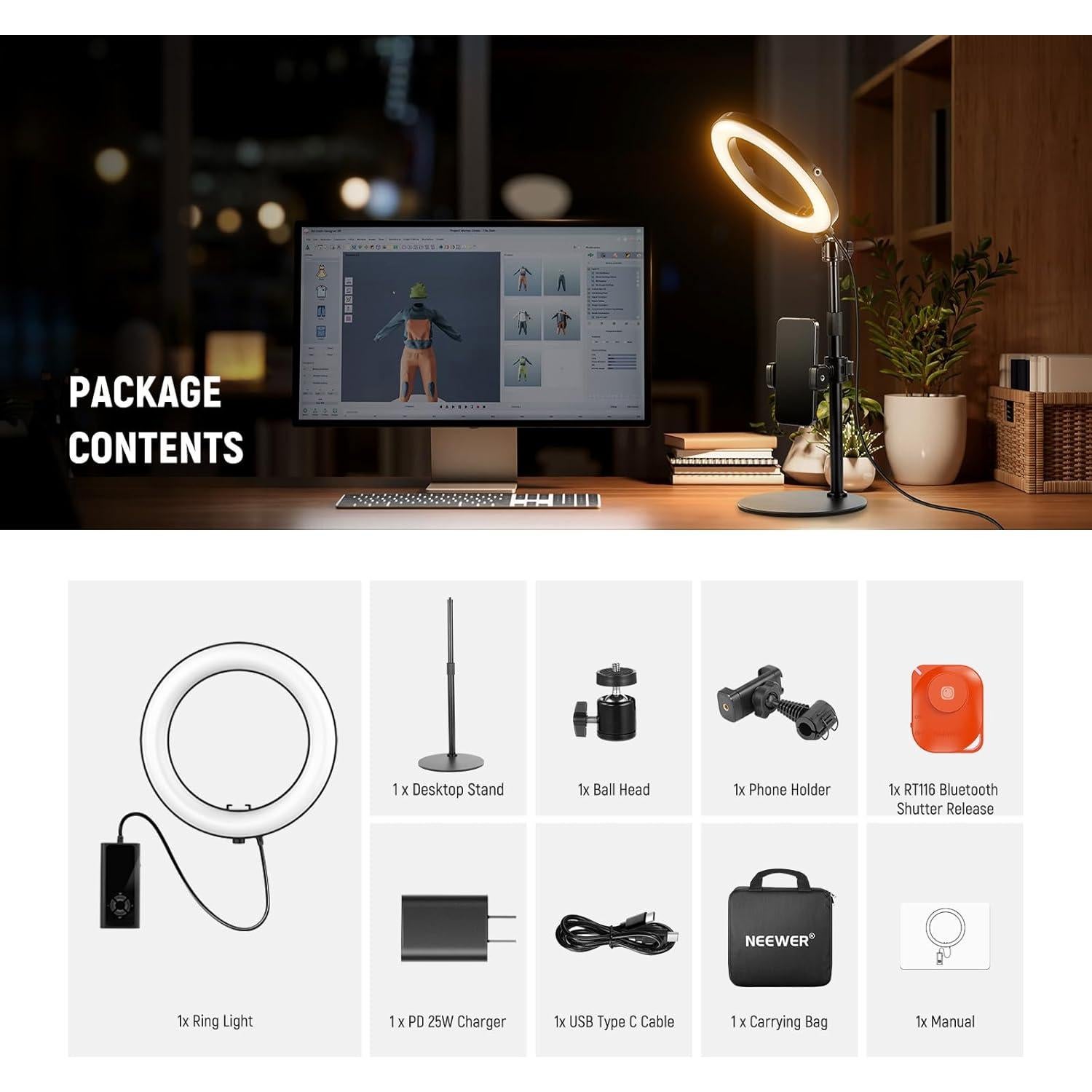 Luz de Anillo LED NEEWER 18W 8" con Soporte Ajustable