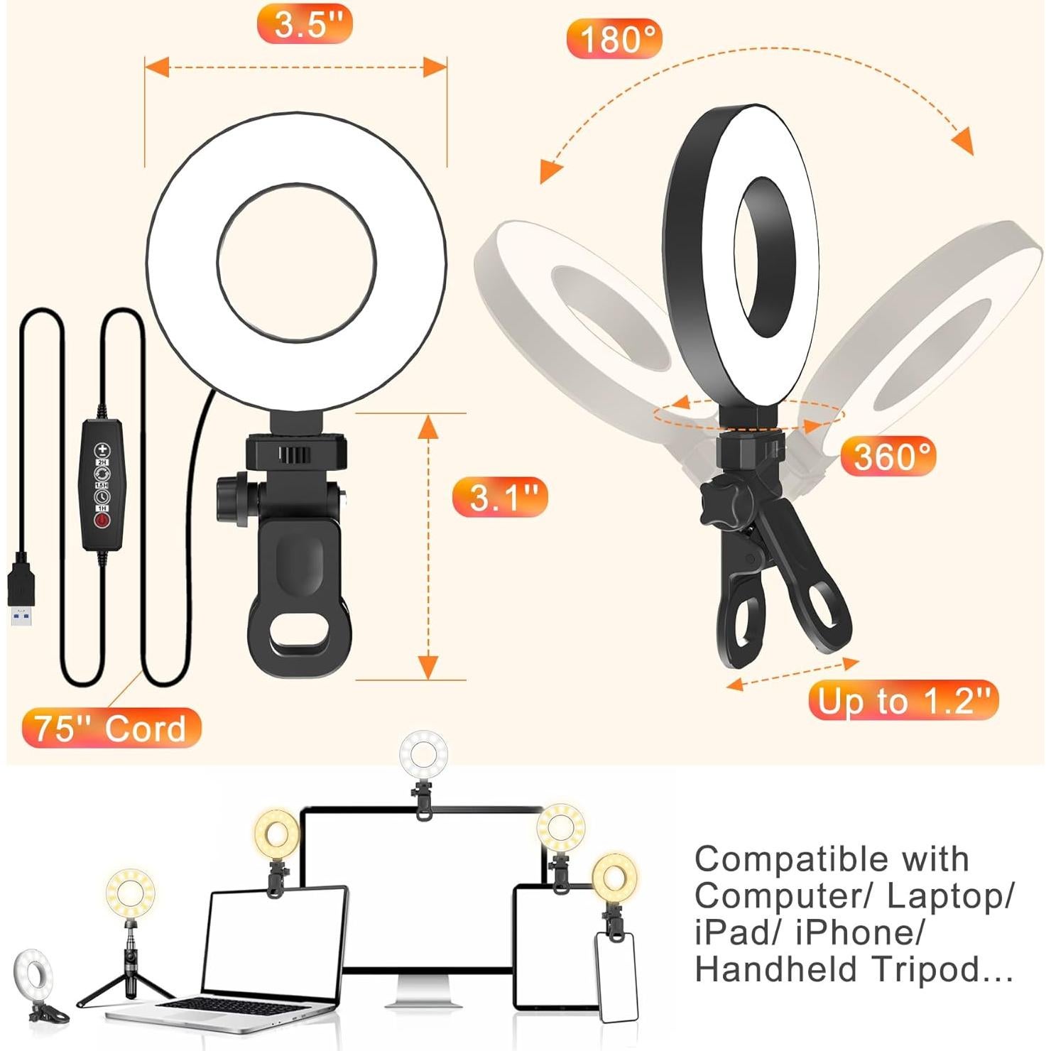 Luz de Anillo LED Mojimdo 3.5" Regulable con Temporizador