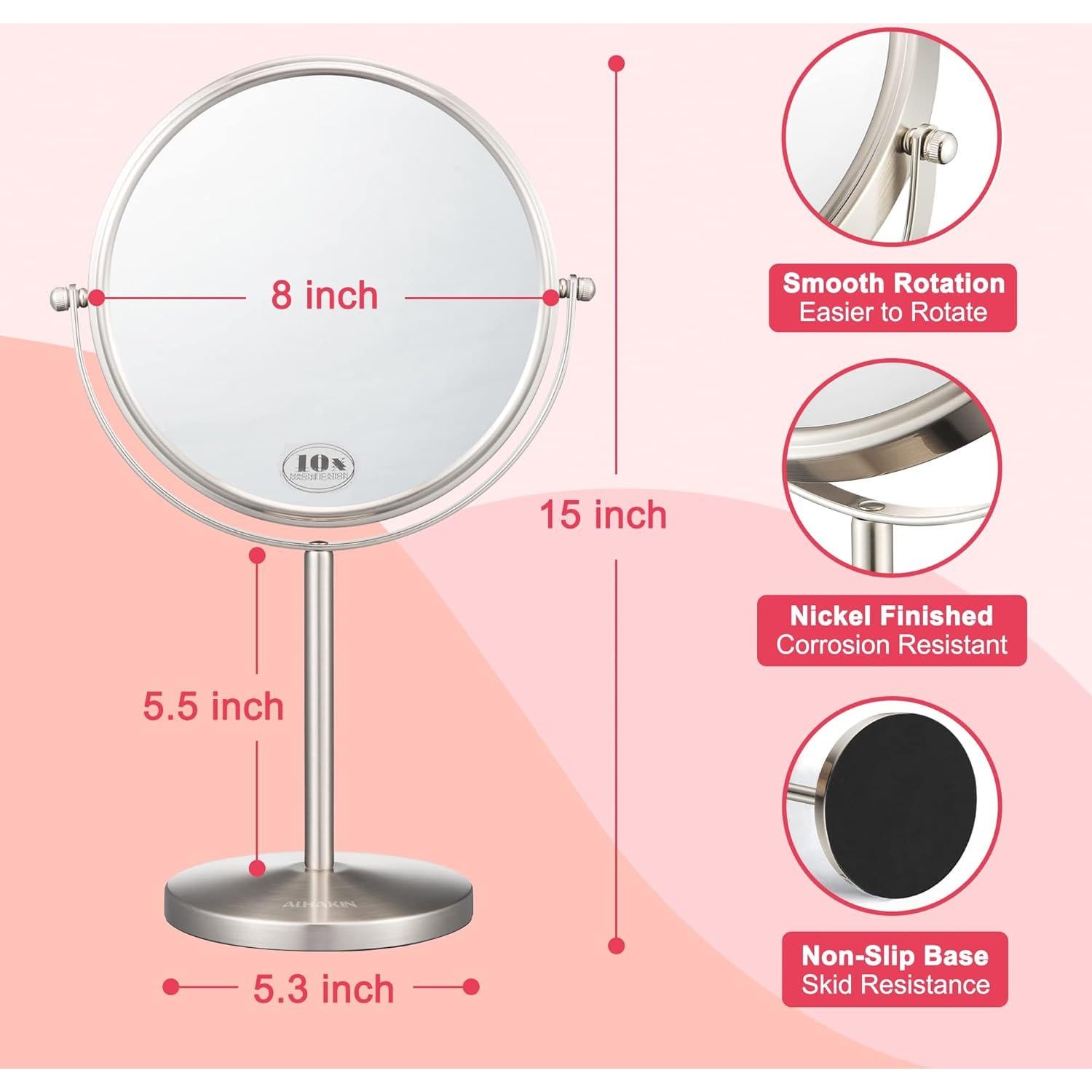 Espejo de Maquillaje ALHAKIN 20 cm Doble Cara 1X/10X Niquel