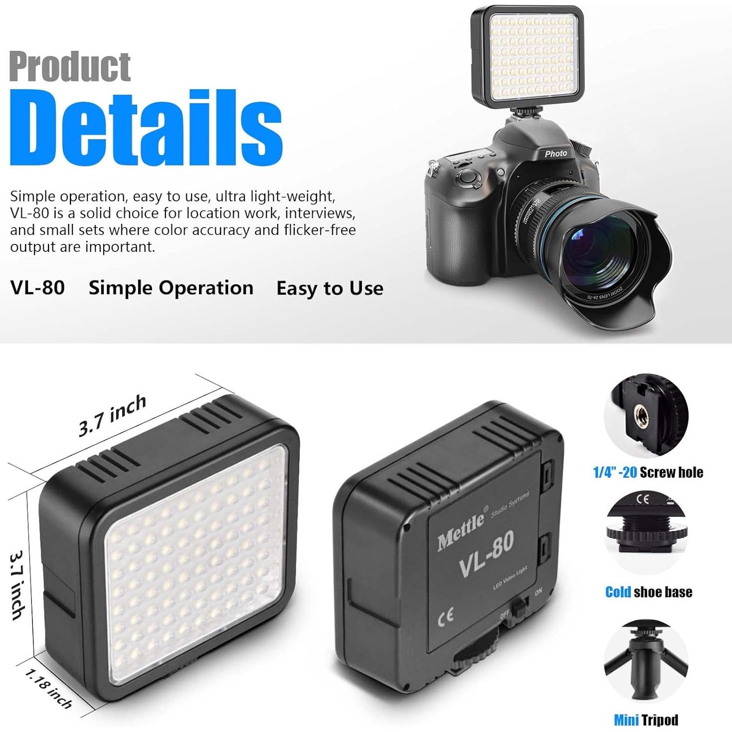 Luz de Video LED Mettlelite VL80 Portátil con Mini Trípode