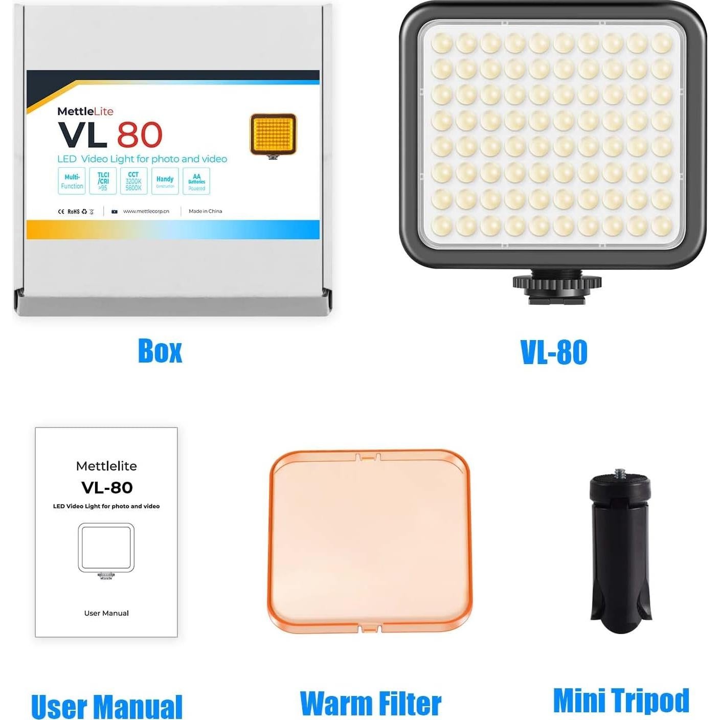 Luz de Video LED Mettlelite VL80 Portátil con Mini Trípode