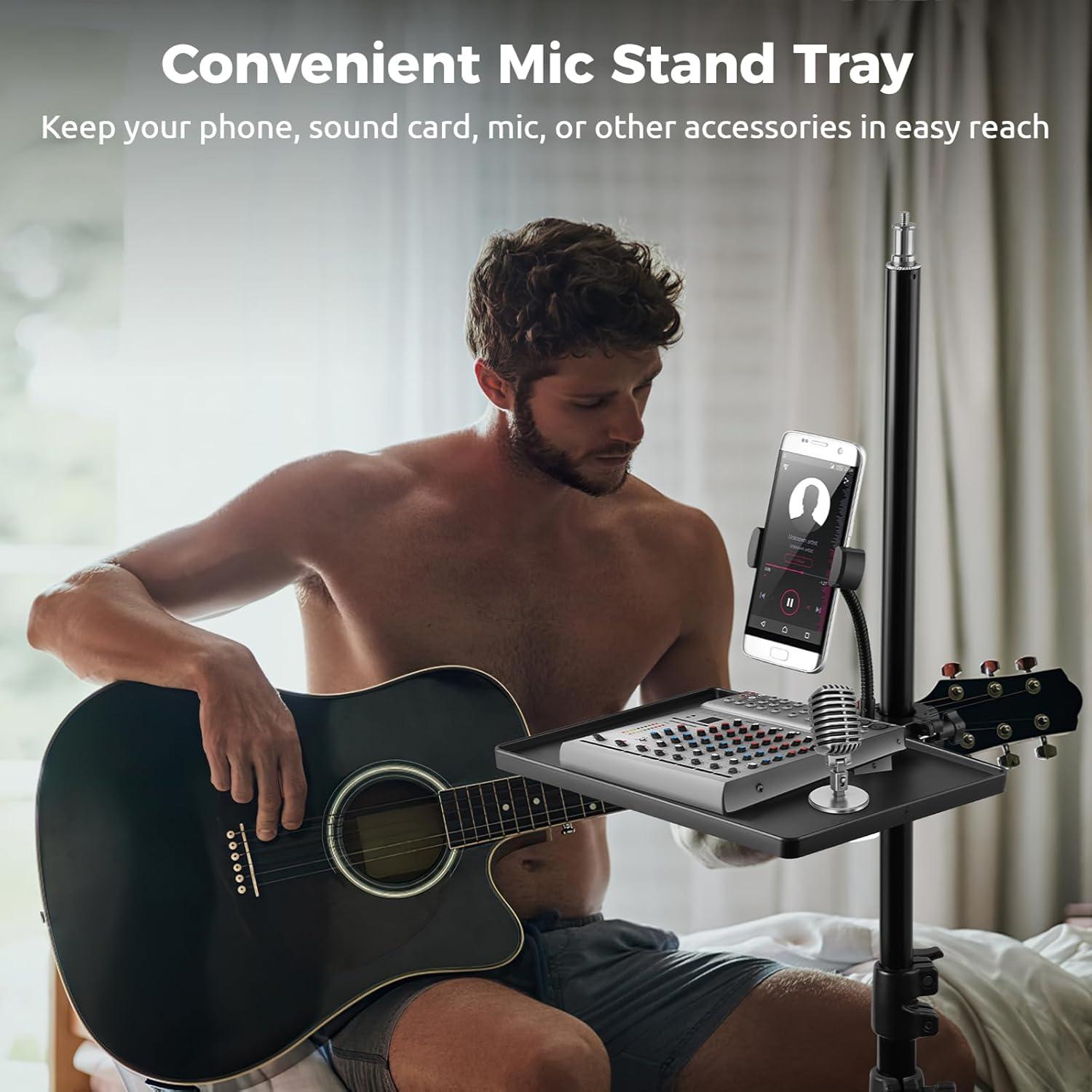 Soporte de Micrófono 2-en-1 con Bandeja y Soporte para Teléfono Ajustable
