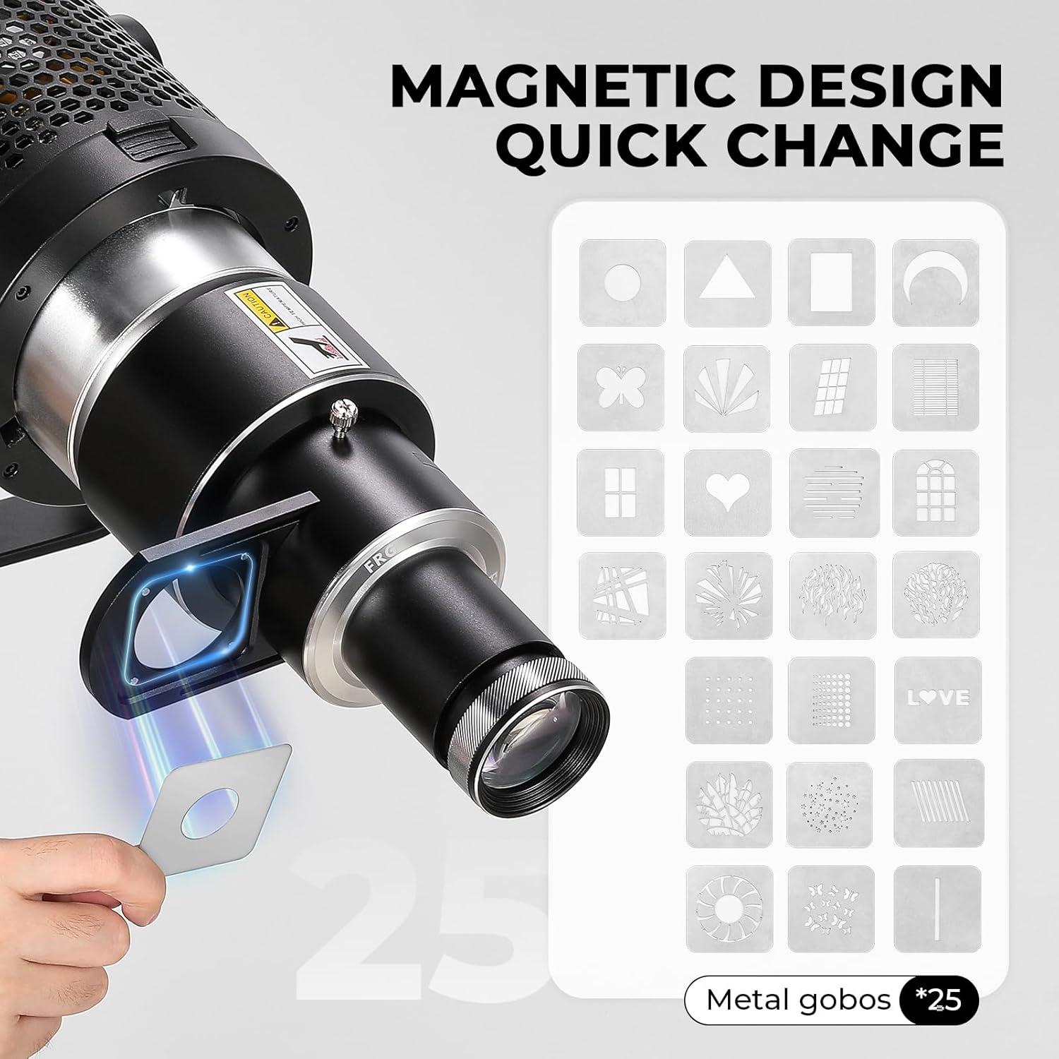 Snoot Óptico Bowens Flyrivergo con 25 Gobos y 4 Gelatinas